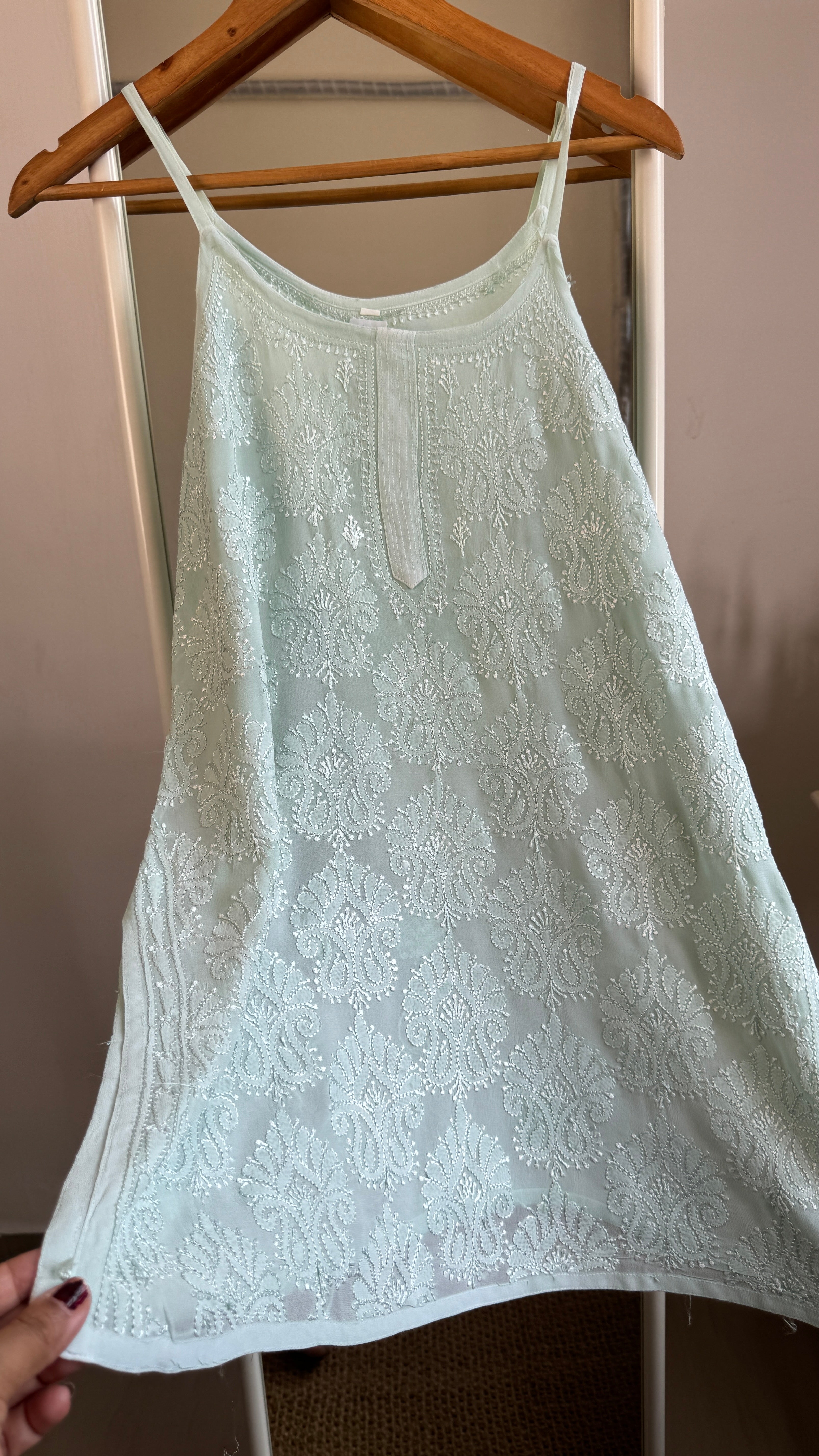 Chikankari Noodle Strap Top in Green