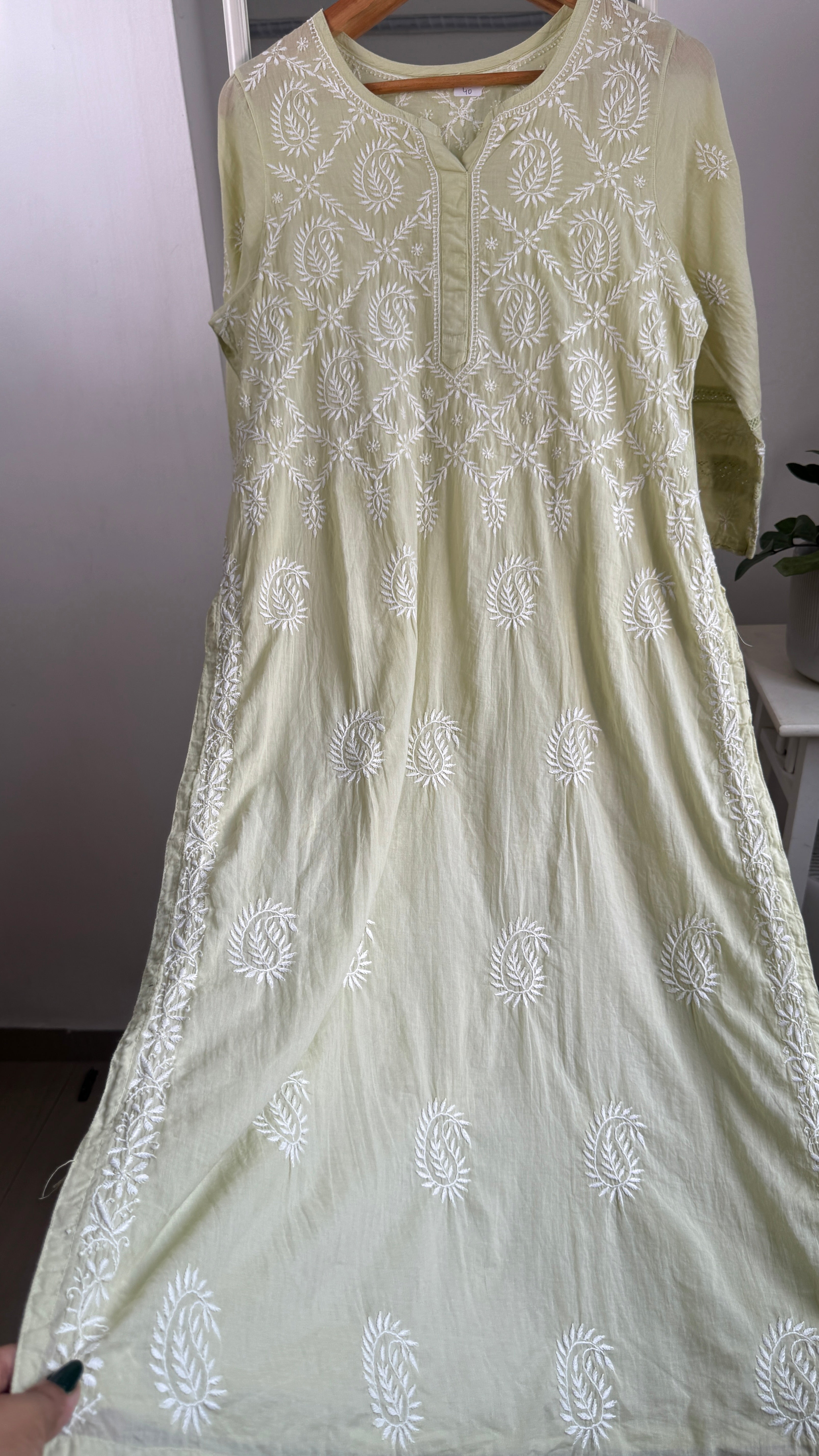 Mul Cotton Sheen Green Chikankari Kurti - Bela Collection