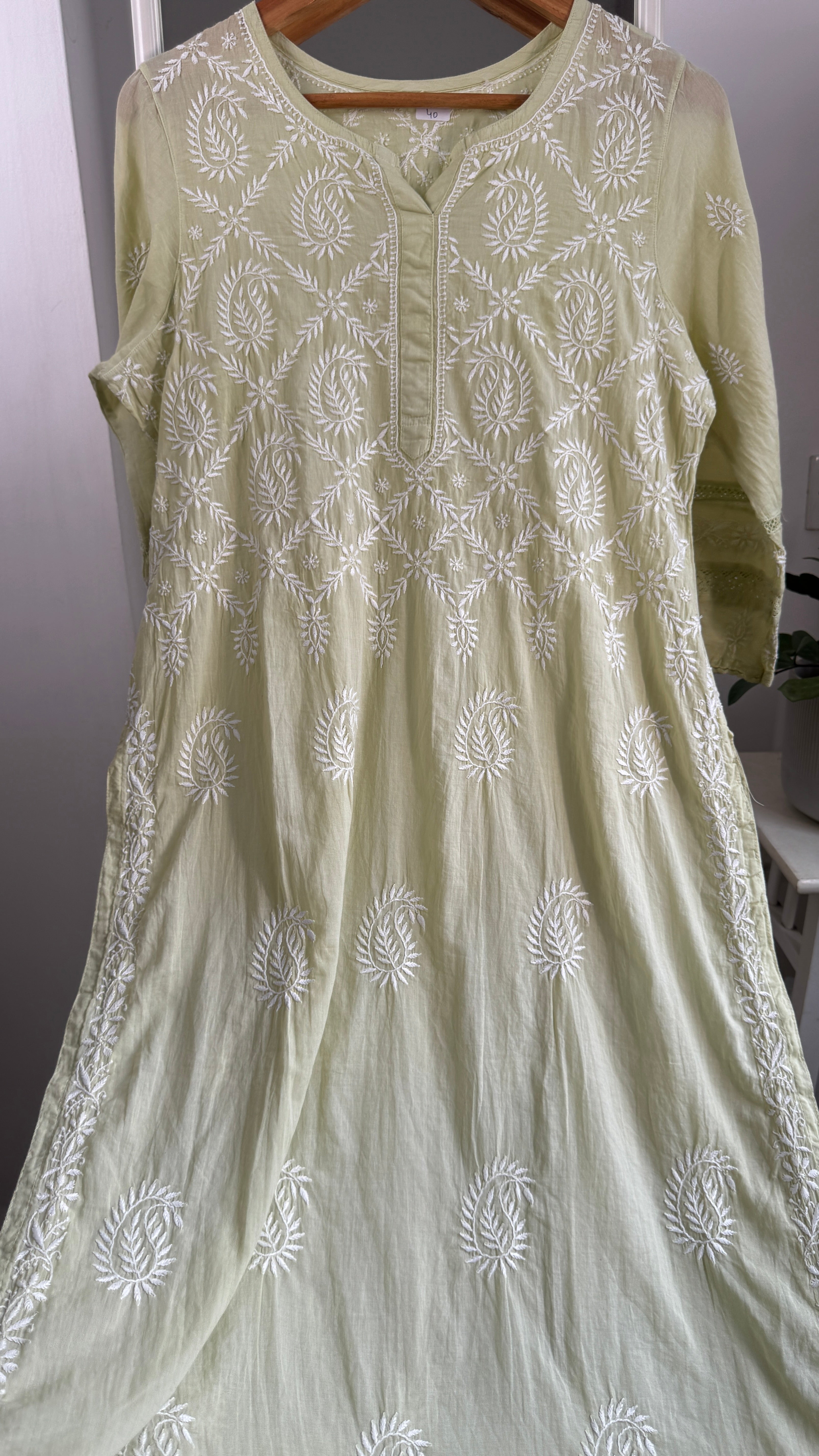 Mul Cotton Sheen Green Chikankari Kurti - Bela Collection