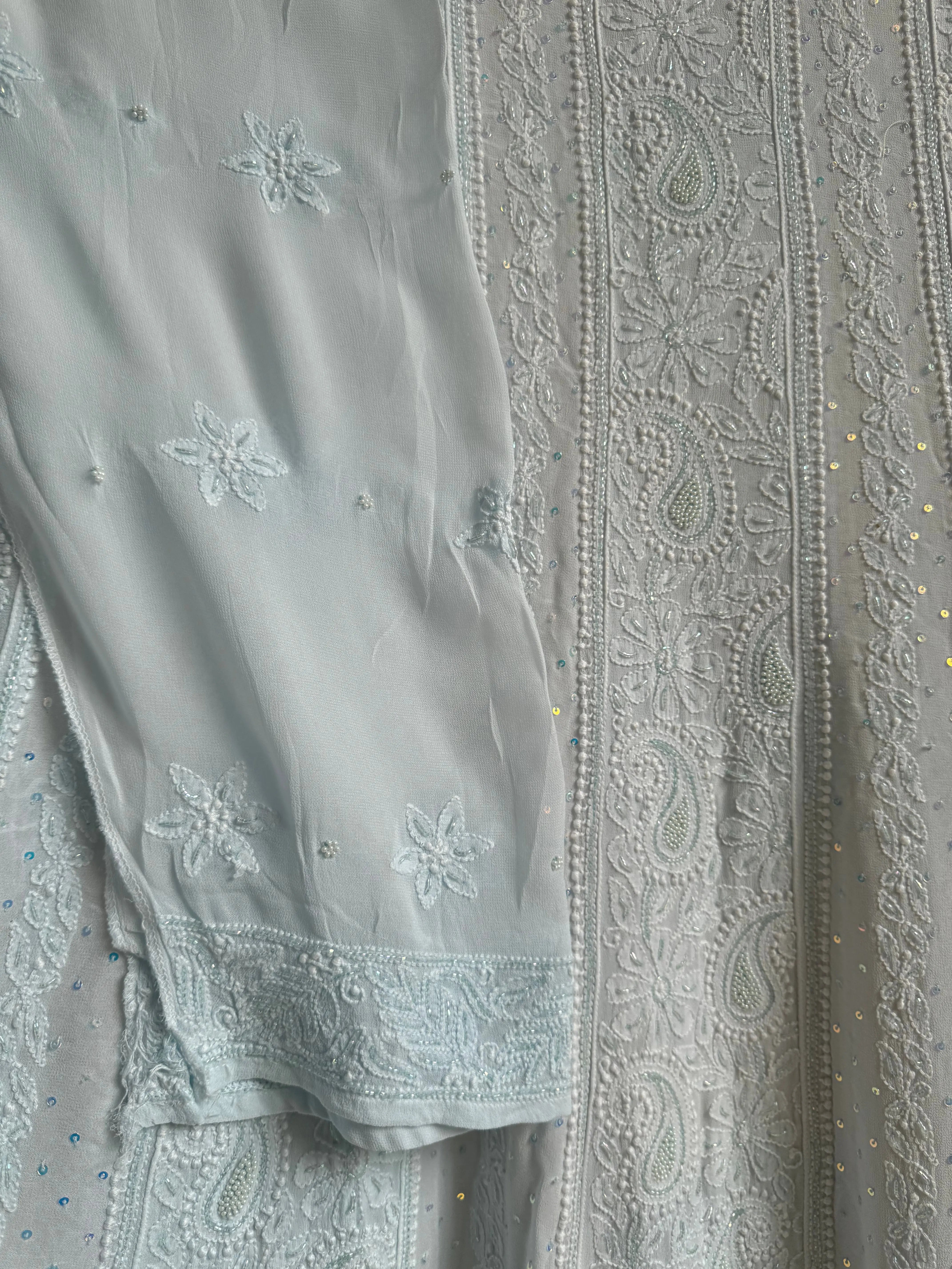 Viscose Anarkali - Semi Stitched - Pearl Work - Icy Blue ARIAA CHIKANKARI 