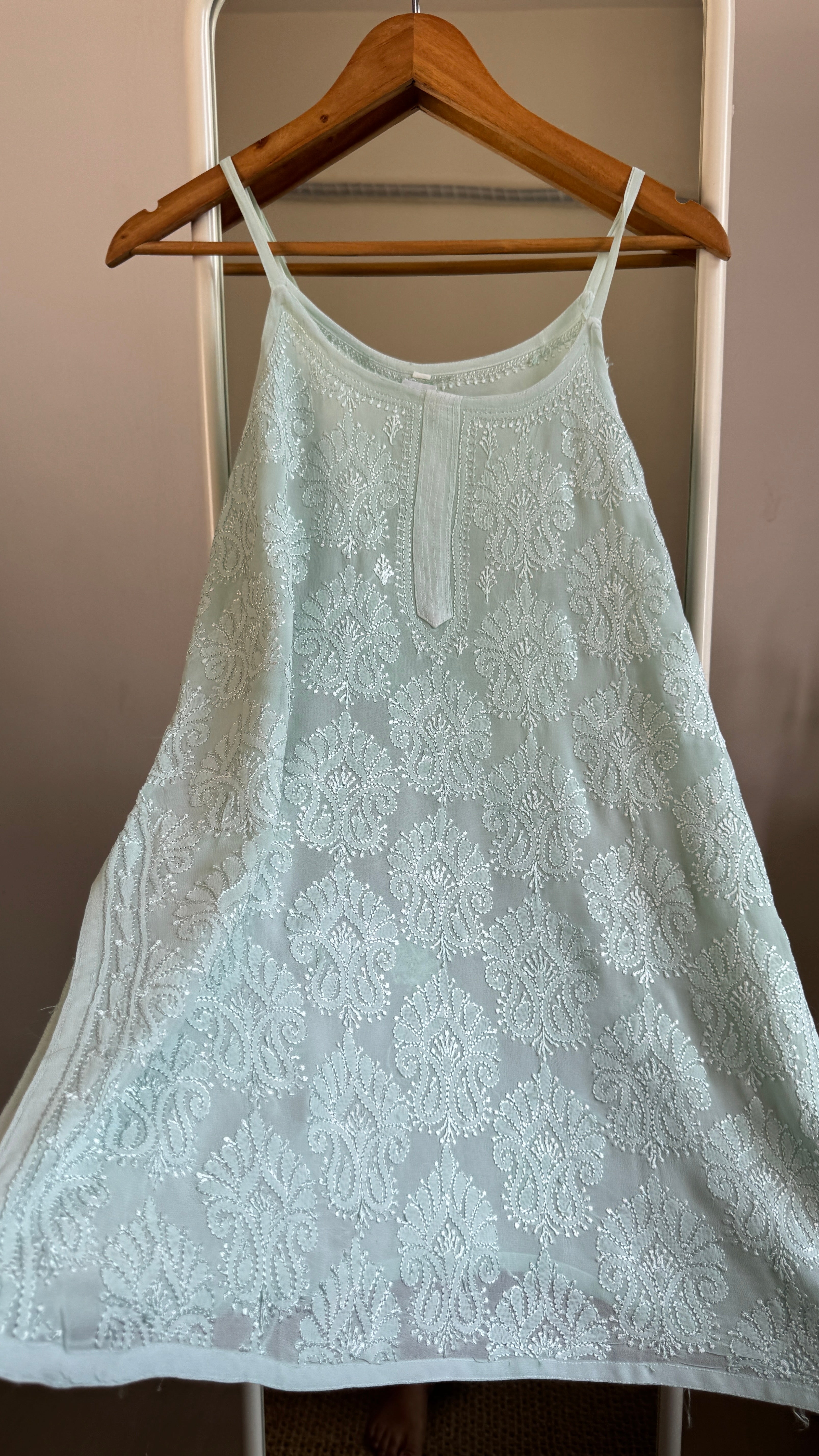 Chikankari Noodle Strap Top in Green