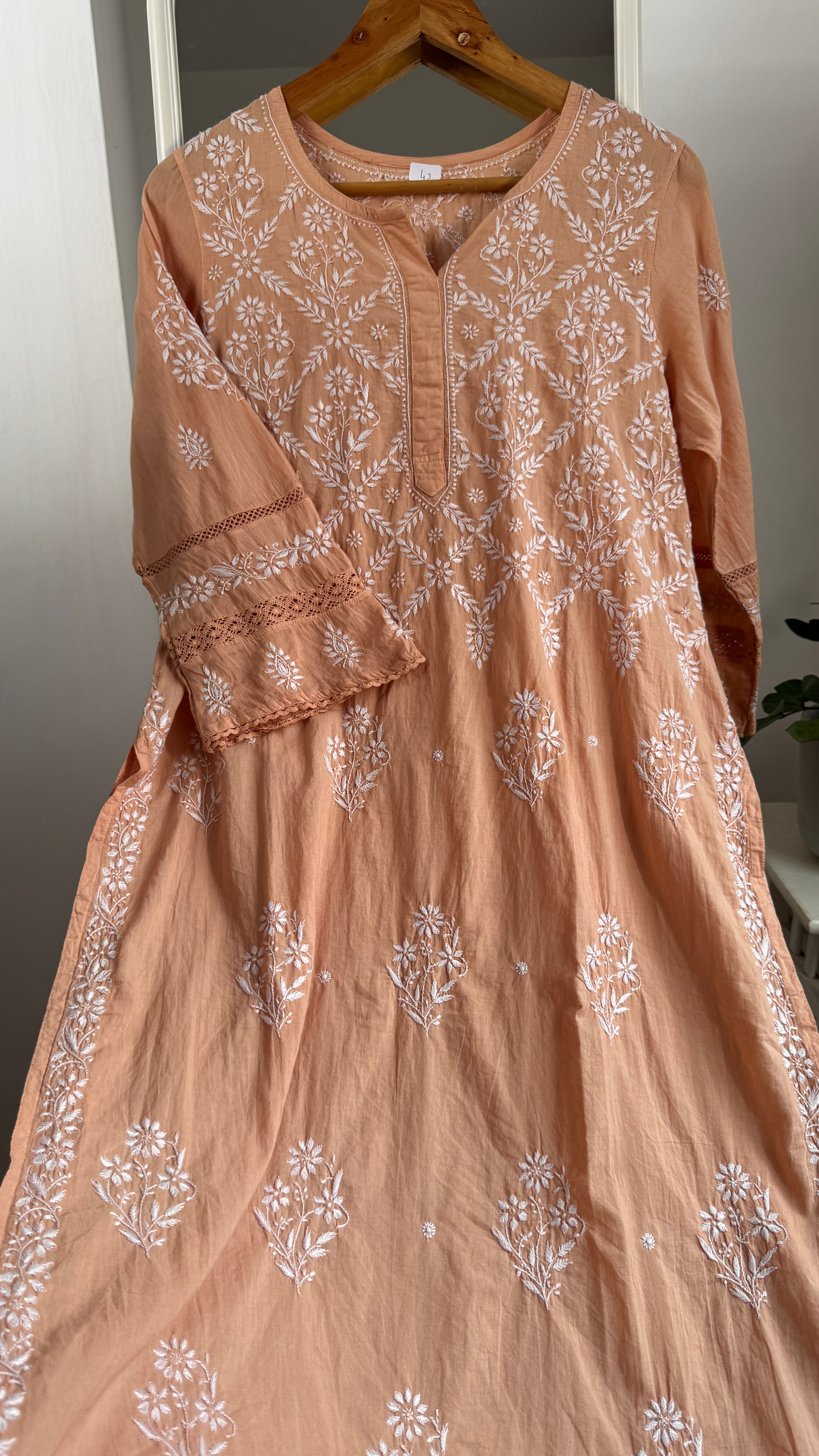 Mul Cotton Blush Orange Chikankari Kurti - Bela Collection
