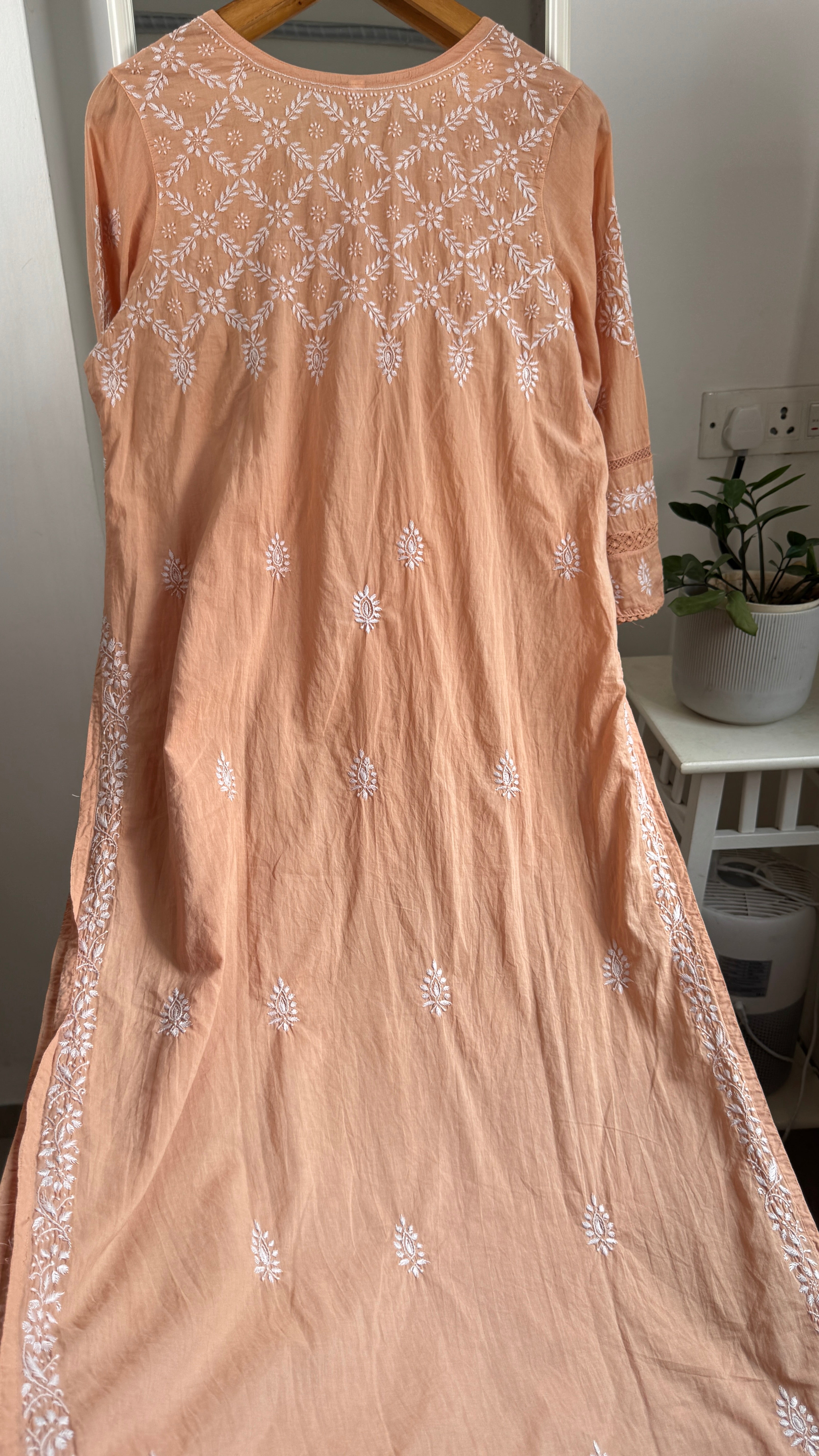 Mul Cotton Blush Orange Chikankari Kurti - Bela Collection
