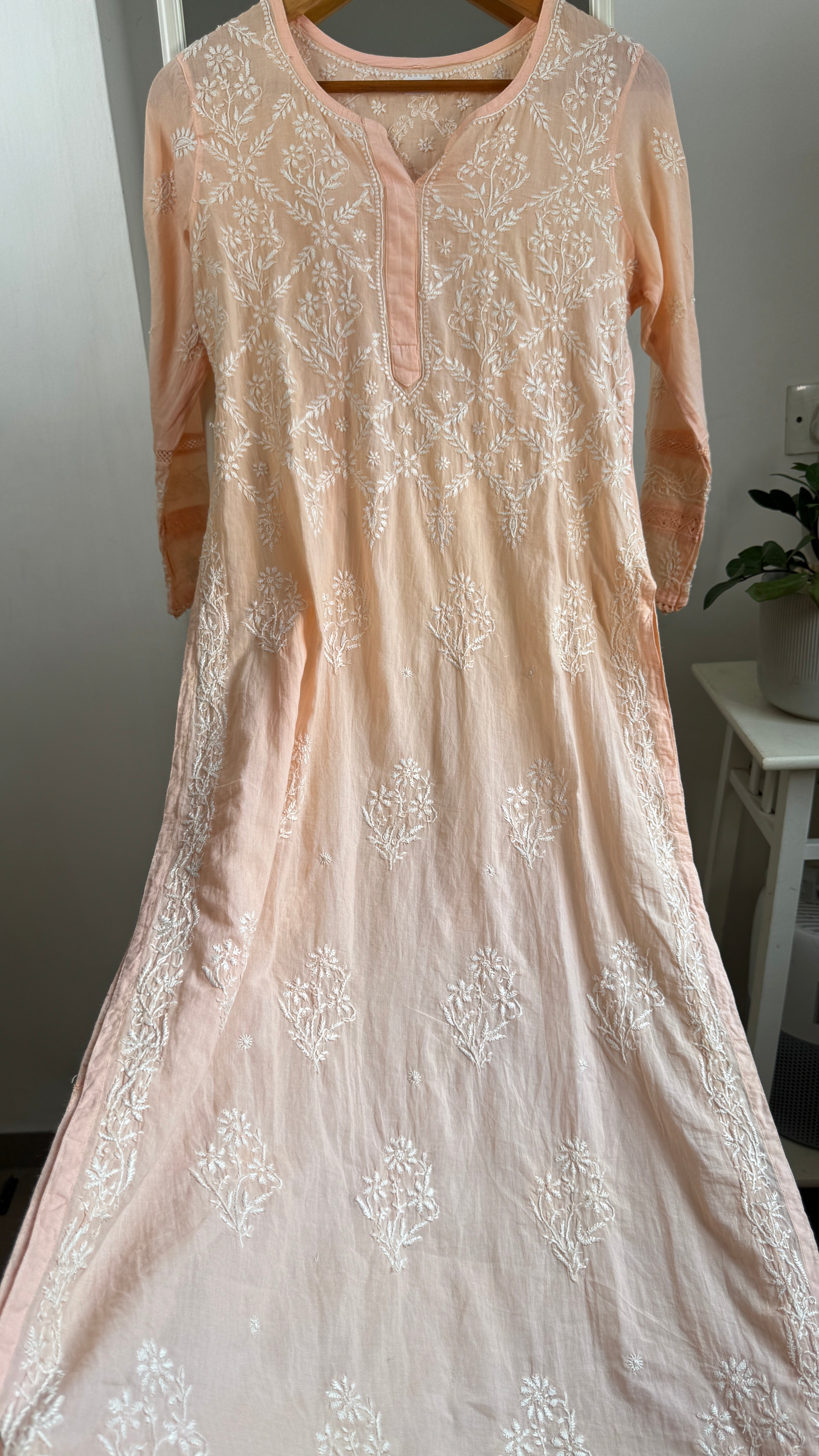 Mul Cotton Peach Chikankari Kurti - Bela Collection
