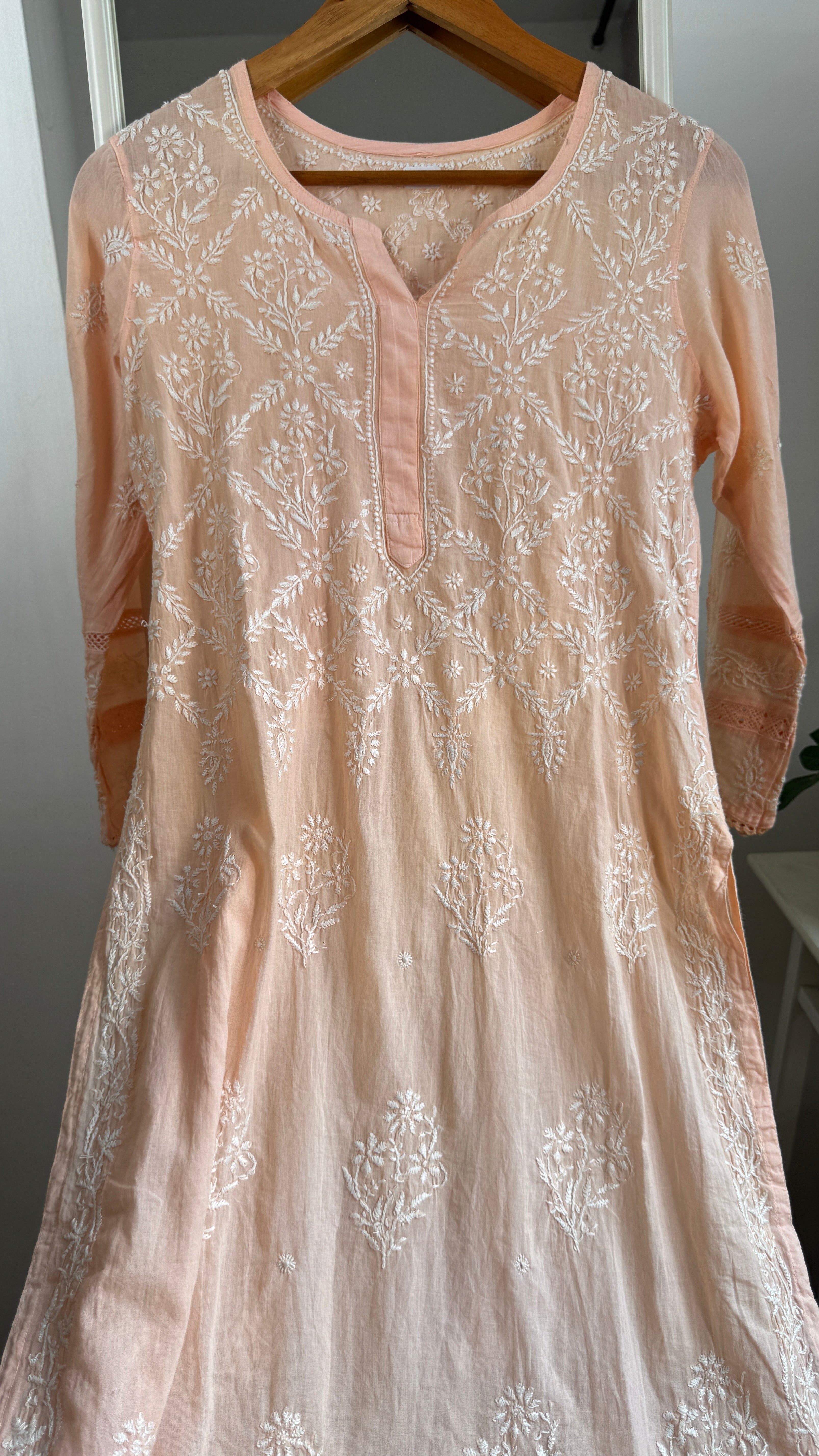 Mul Cotton Peach Chikankari Kurti - Bela Collection