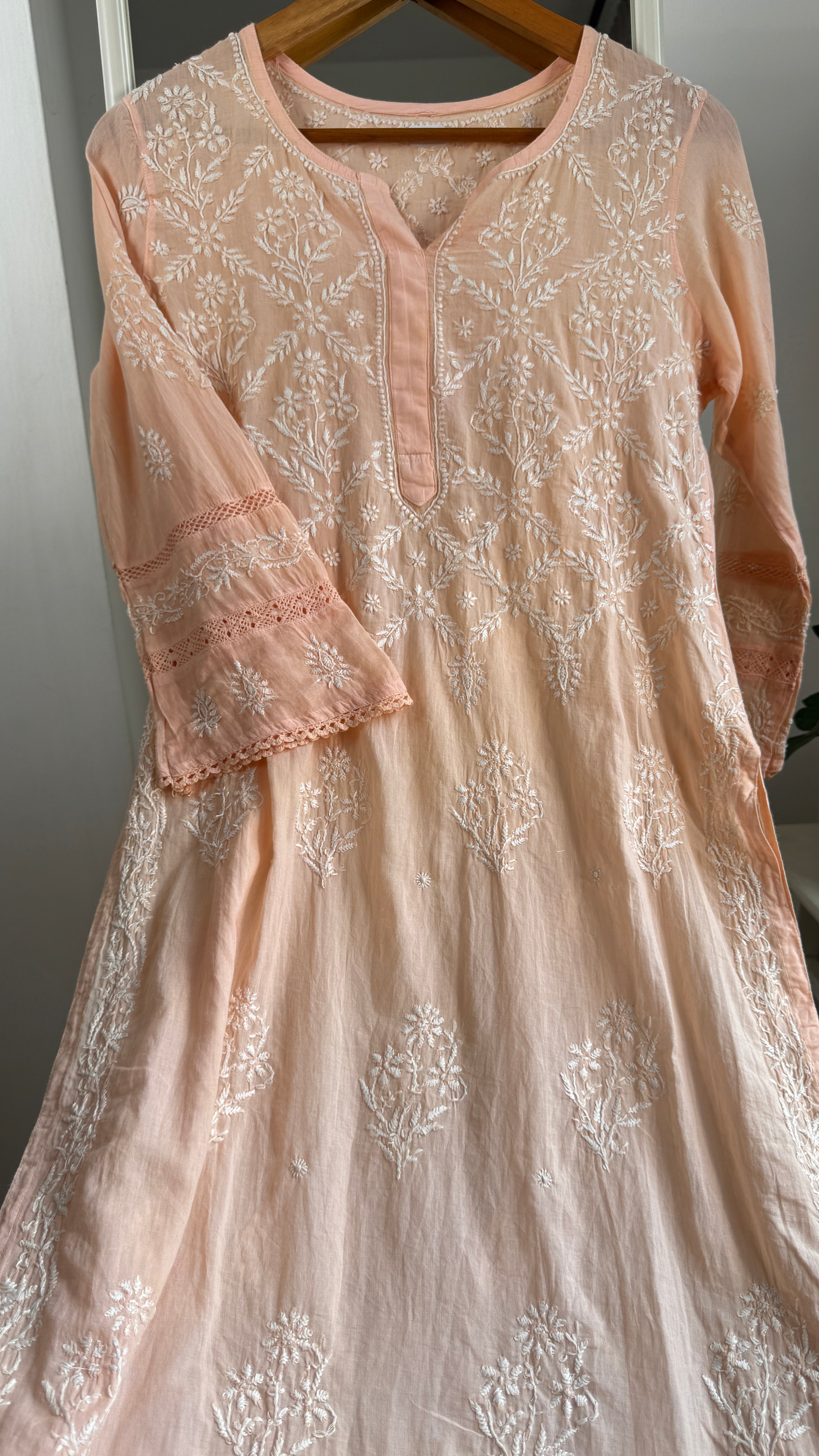 Mul Cotton Peach Chikankari Kurti - Bela Collection