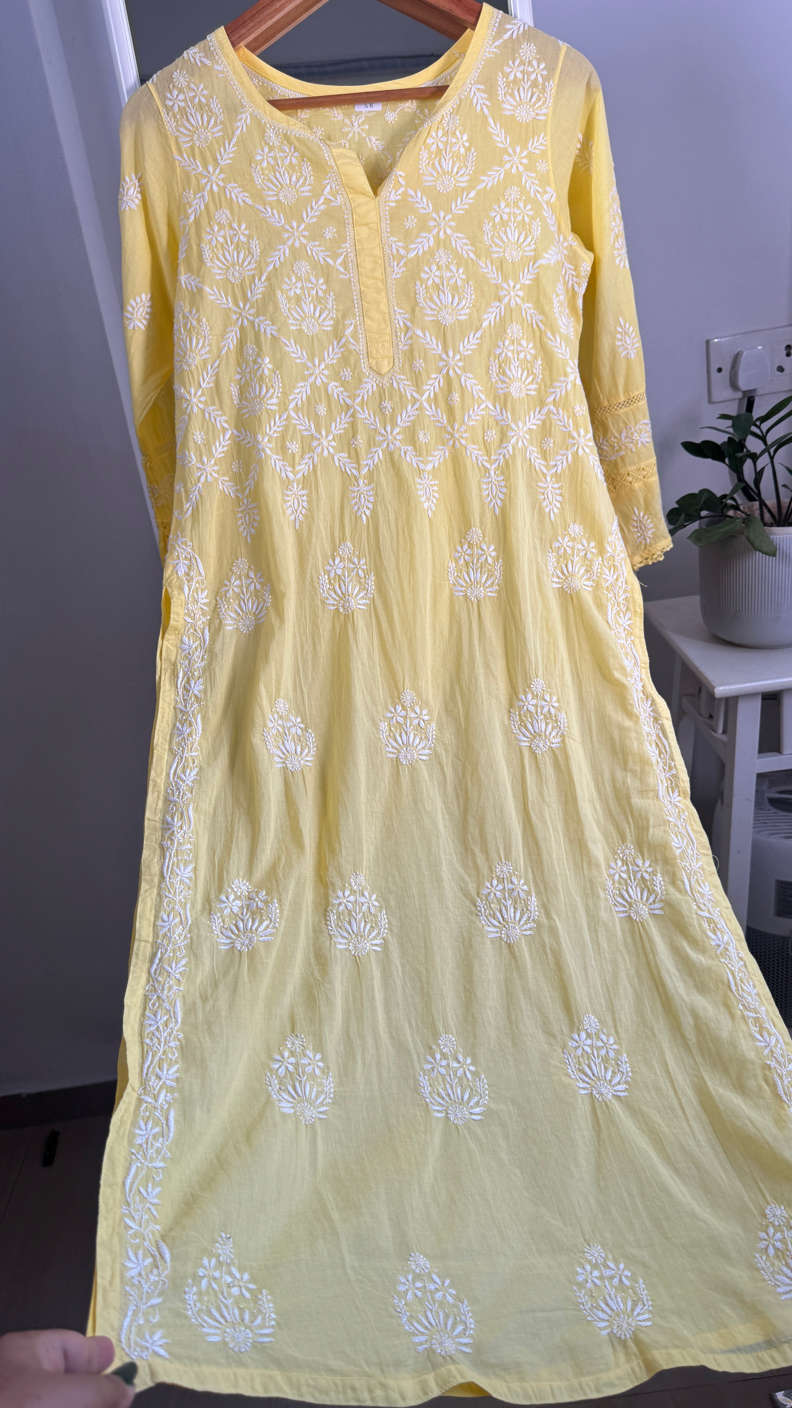 Mul Cotton Yellow Chikankari Kurti - Bela Collection