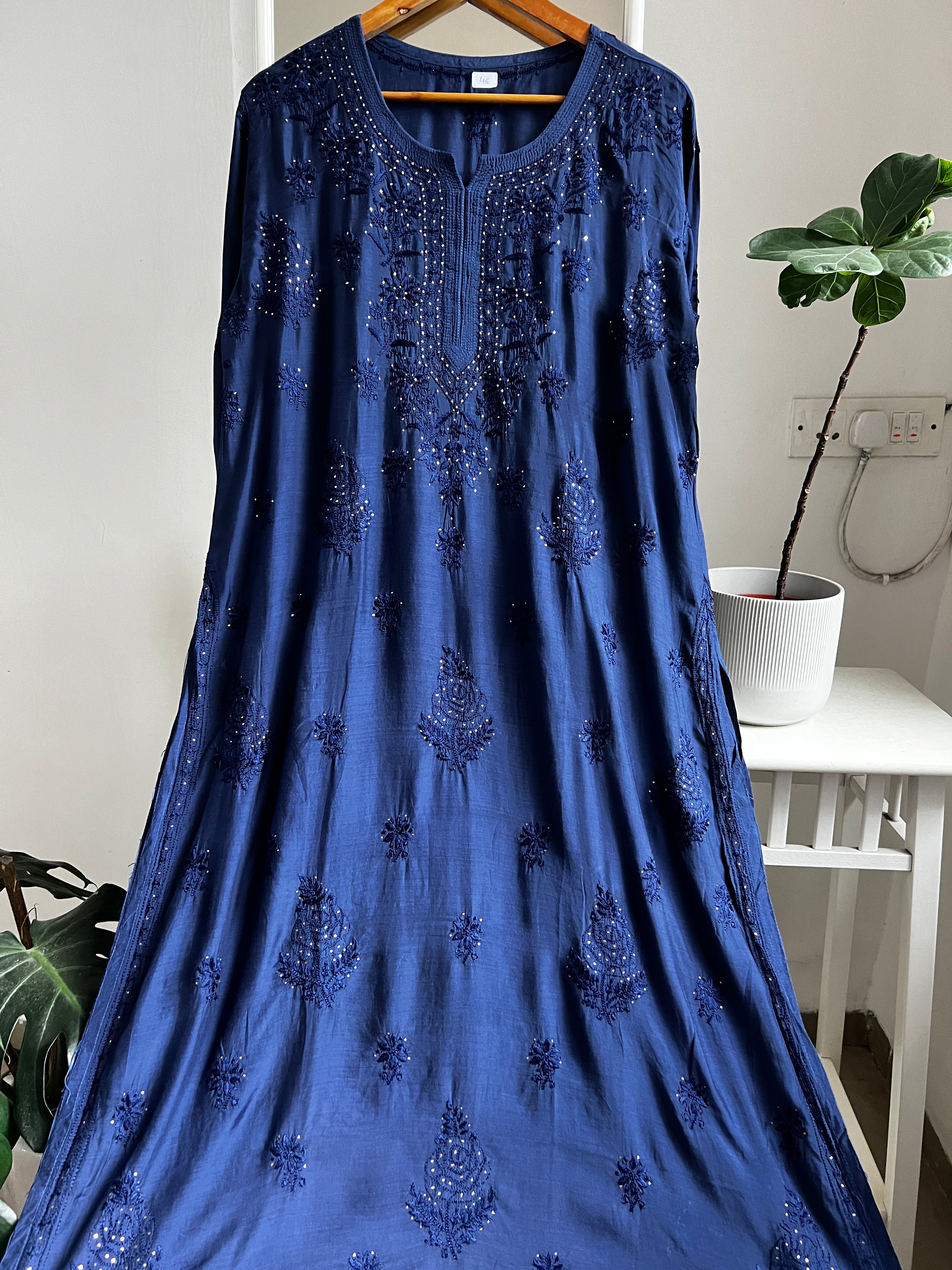 Muslin Chikankari Kurti with Mukaish work - Navy Blue