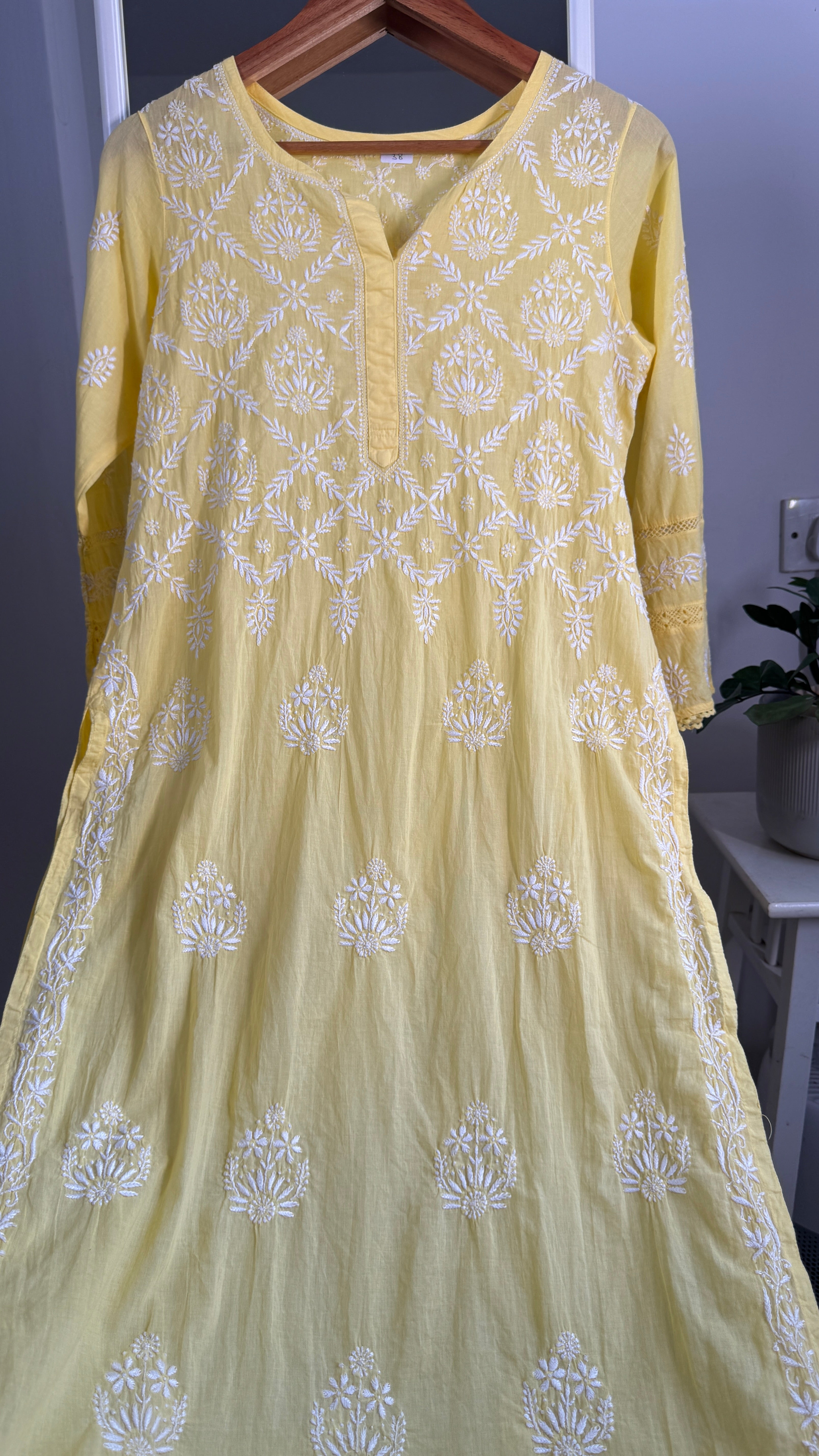 Mul Cotton Yellow Chikankari Kurti - Bela Collection