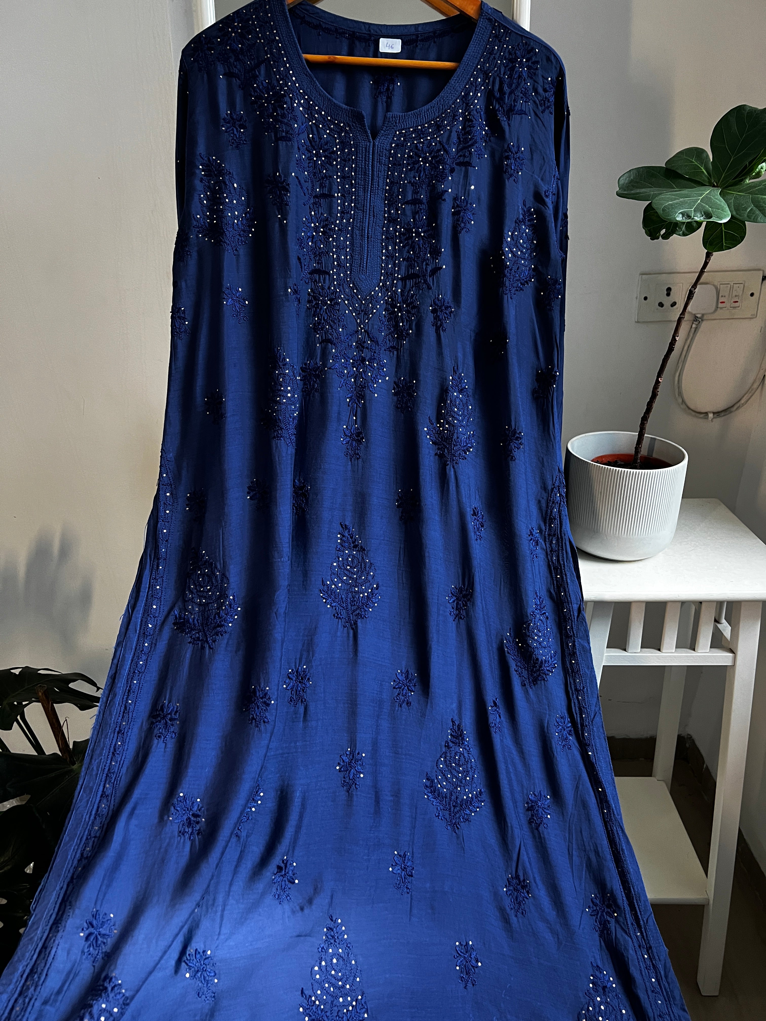 Muslin Chikankari Kurti with Mukaish work - Navy Blue