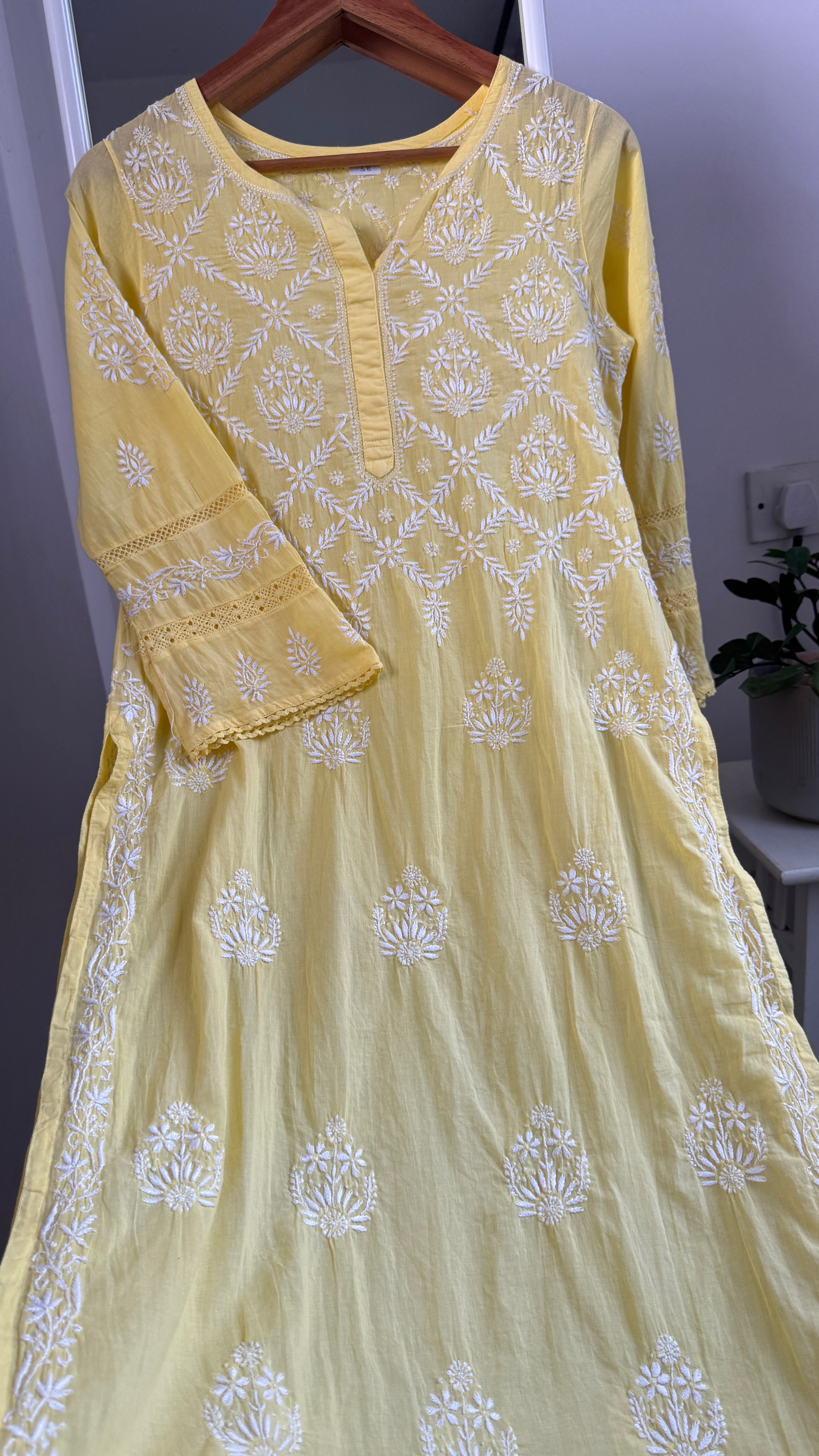 Mul Cotton Yellow Chikankari Kurti - Bela Collection