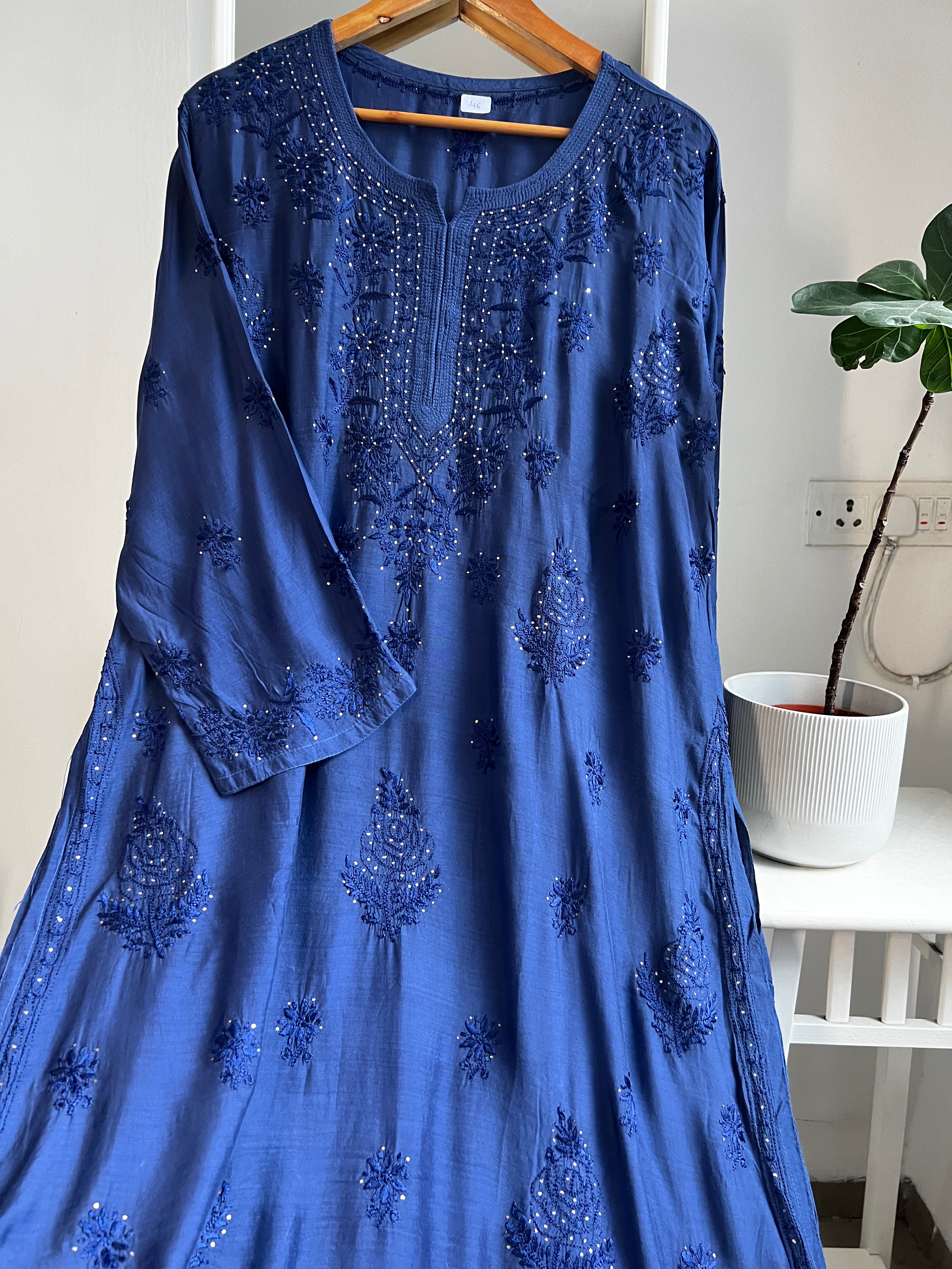 Muslin Chikankari Kurti with Mukaish work - Navy Blue
