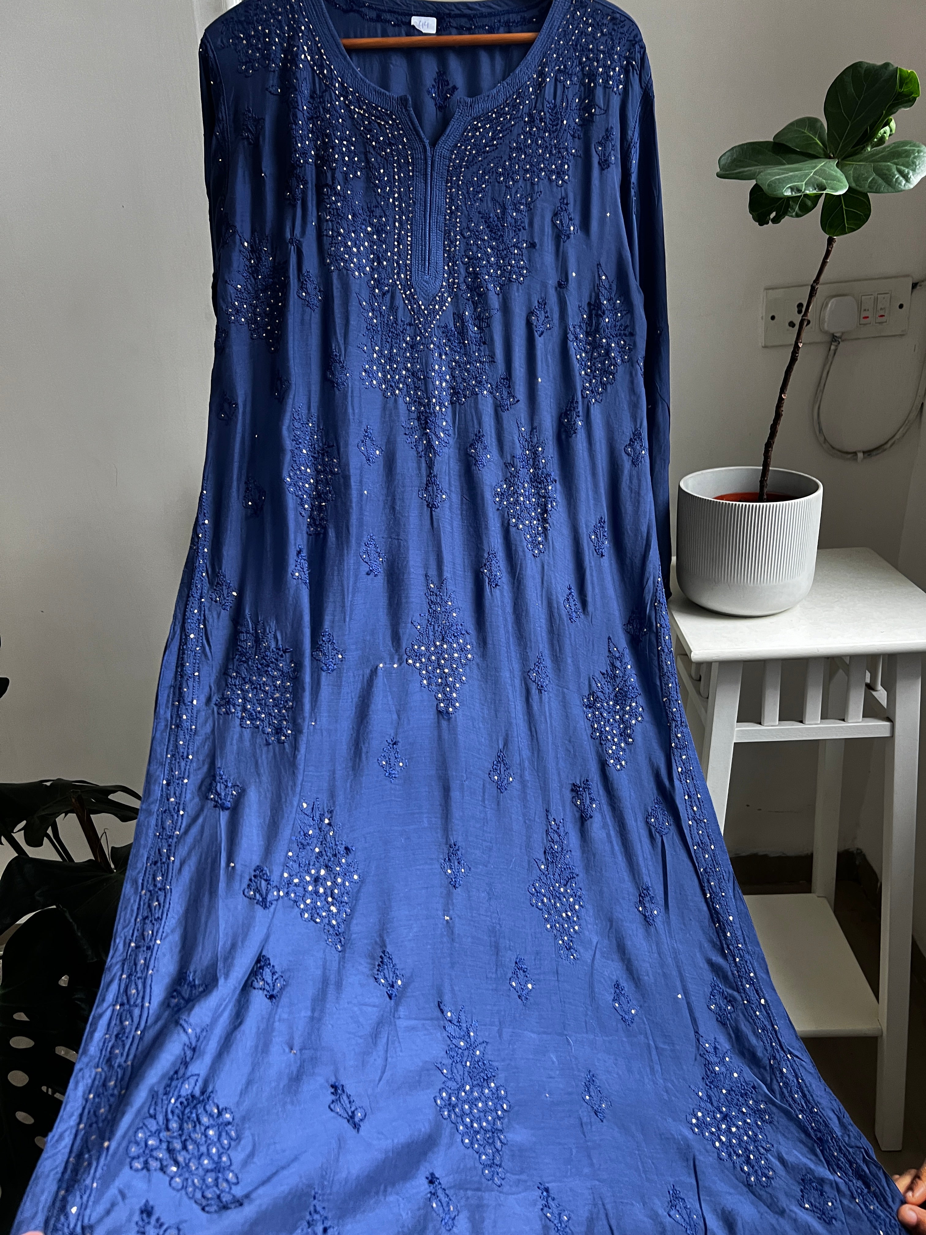 Muslin Chikankari Kurti with Mukaish work - Navy Blue