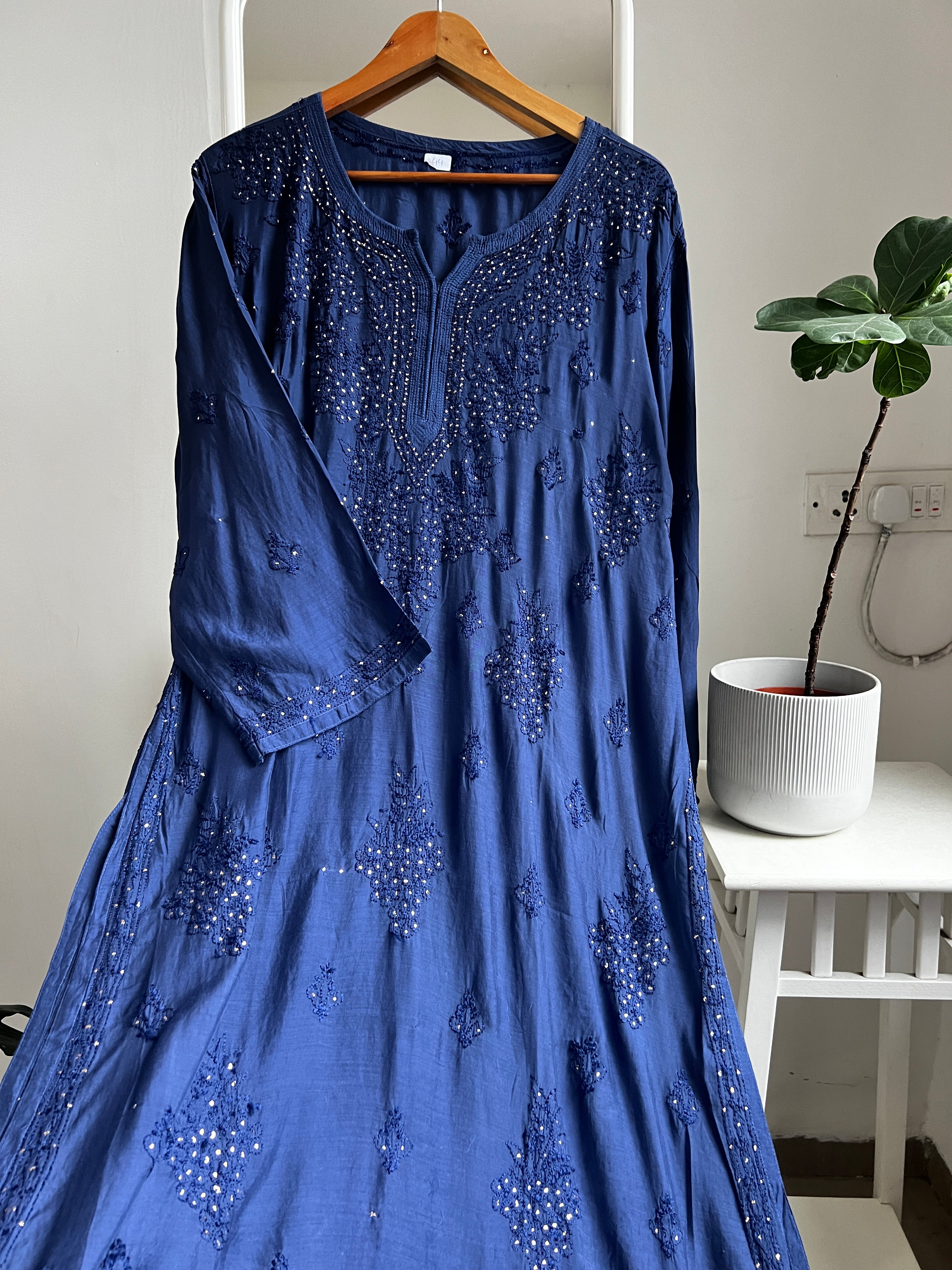 Muslin Chikankari Kurti with Mukaish work - Navy Blue