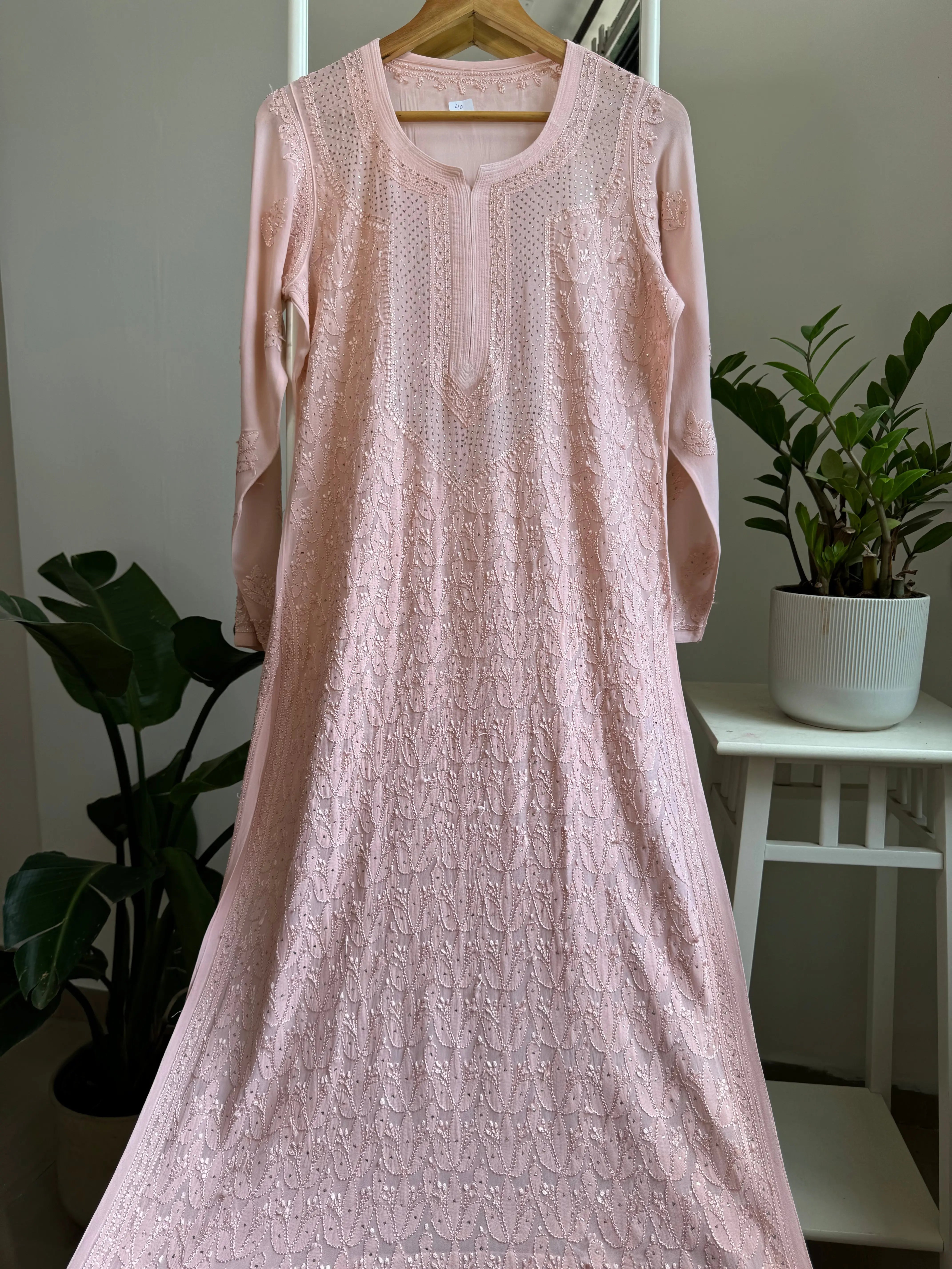 Viscose Kurti with Mukaish Work - Pale Pink ARIAA CHIKANKARI 