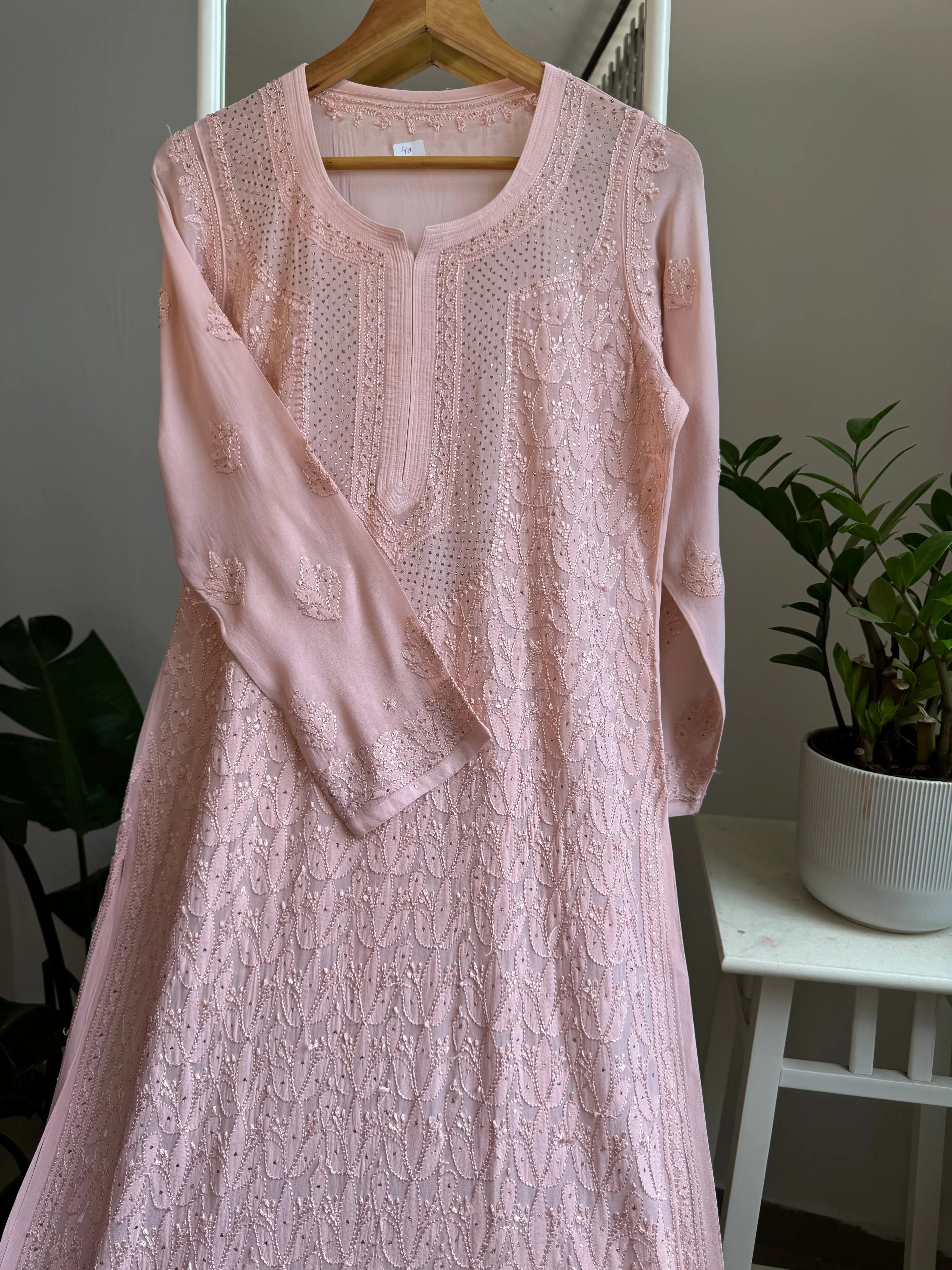 Viscose Kurti with Mukaish Work - Pale Pink ARIAA CHIKANKARI 