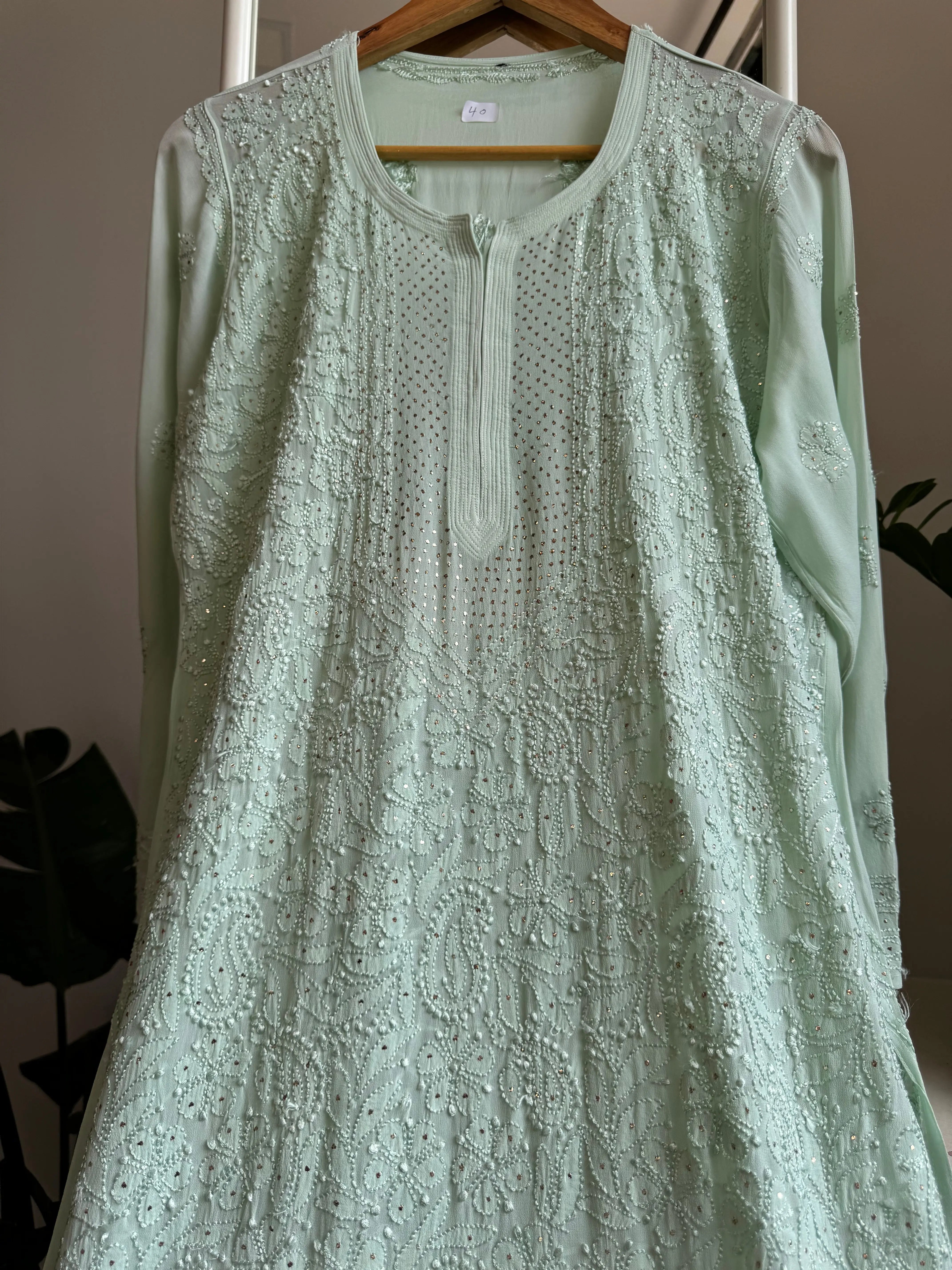 Viscose Kurti with Mukaish Work - Sage Green ARIAA CHIKANKARI 