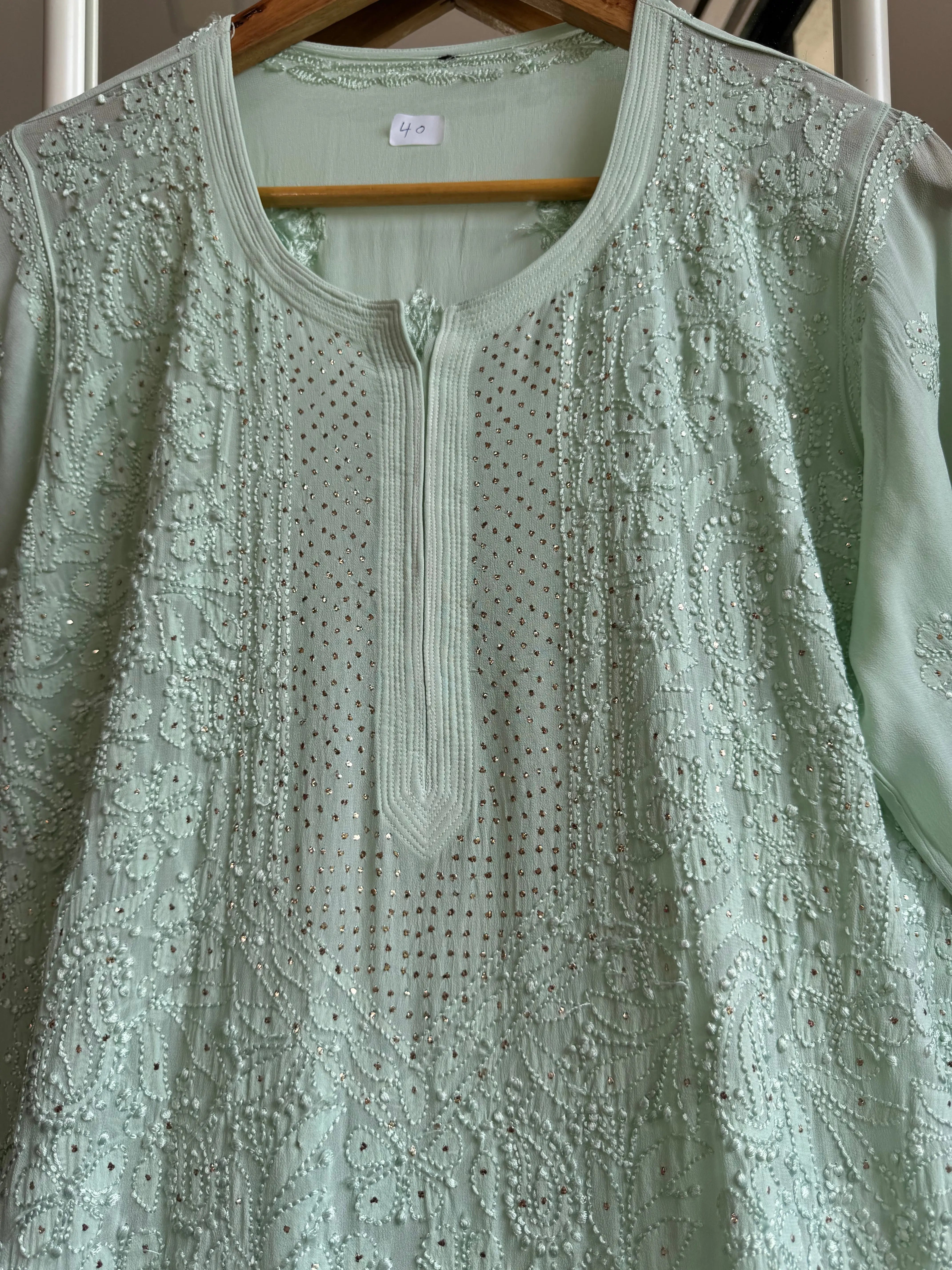 Viscose Kurti with Mukaish Work - Sage Green ARIAA CHIKANKARI 