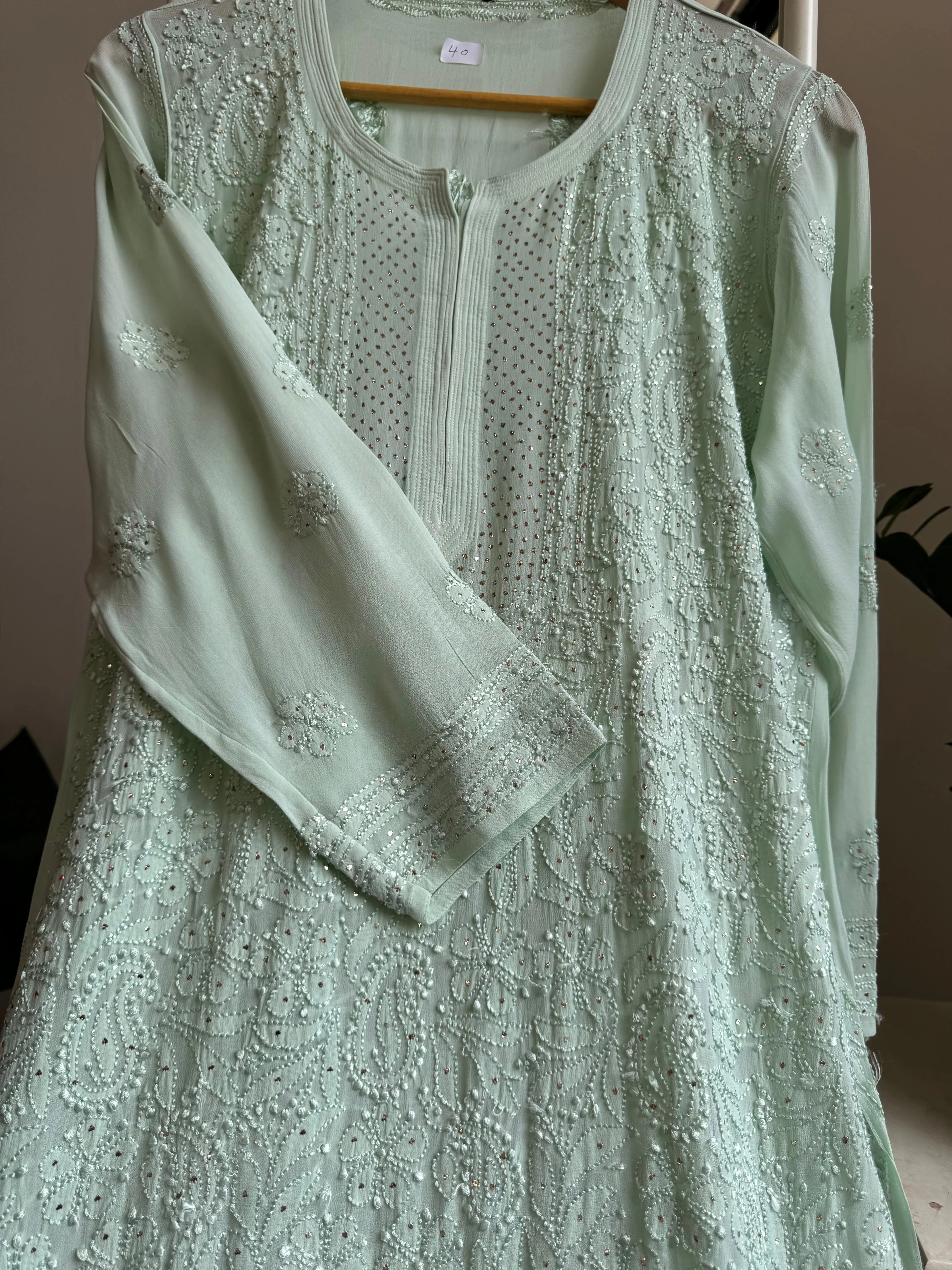 Viscose Kurti with Mukaish Work - Sage Green ARIAA CHIKANKARI 