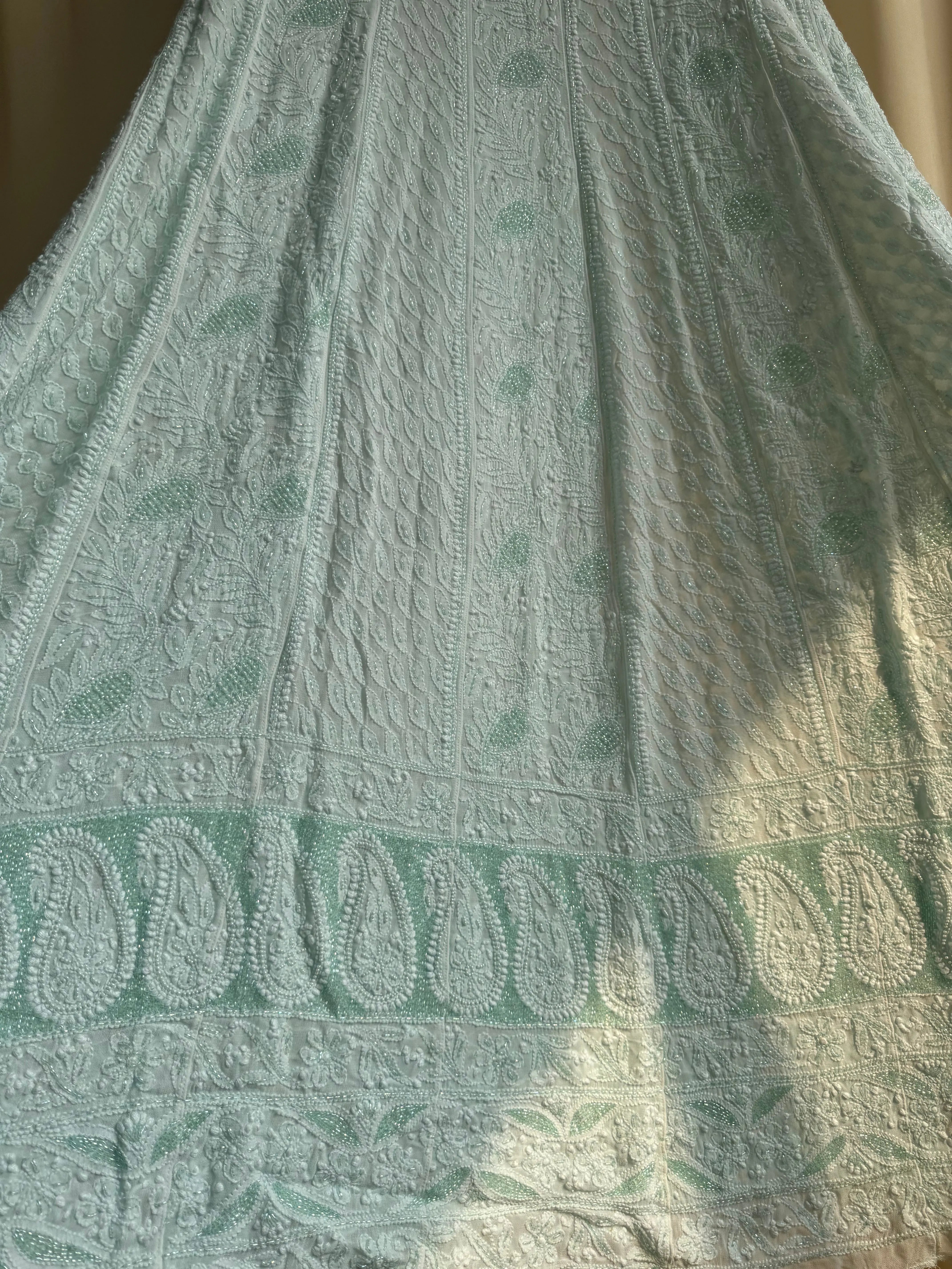 Viscose Anarkali - Semi Stitched - Pearl Work - Cyan Green ARIAA CHIKANKARI 