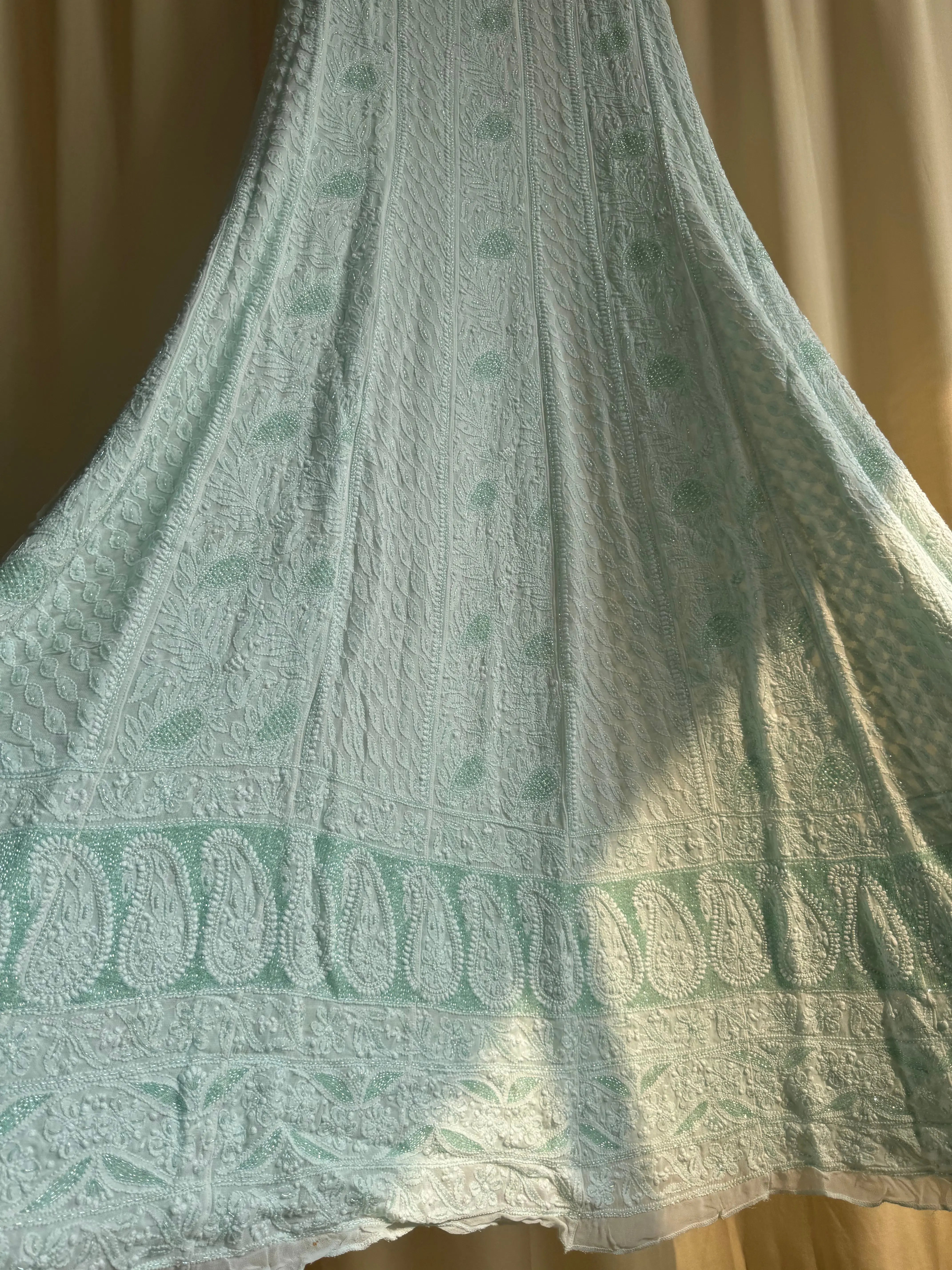 Viscose Anarkali - Semi Stitched - Pearl Work - Cyan Green ARIAA CHIKANKARI 