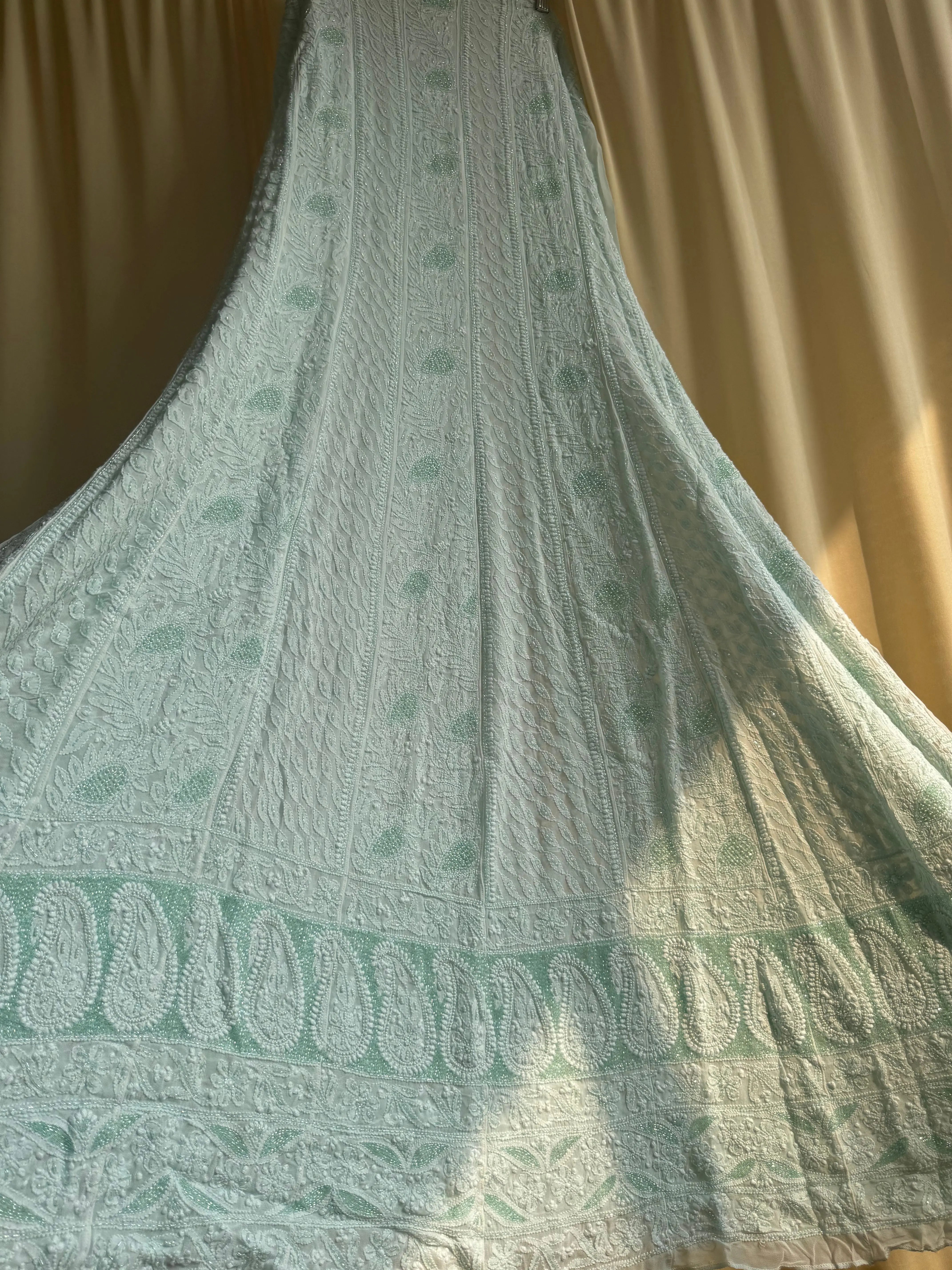 Viscose Anarkali - Semi Stitched - Pearl Work - Cyan Green ARIAA CHIKANKARI 