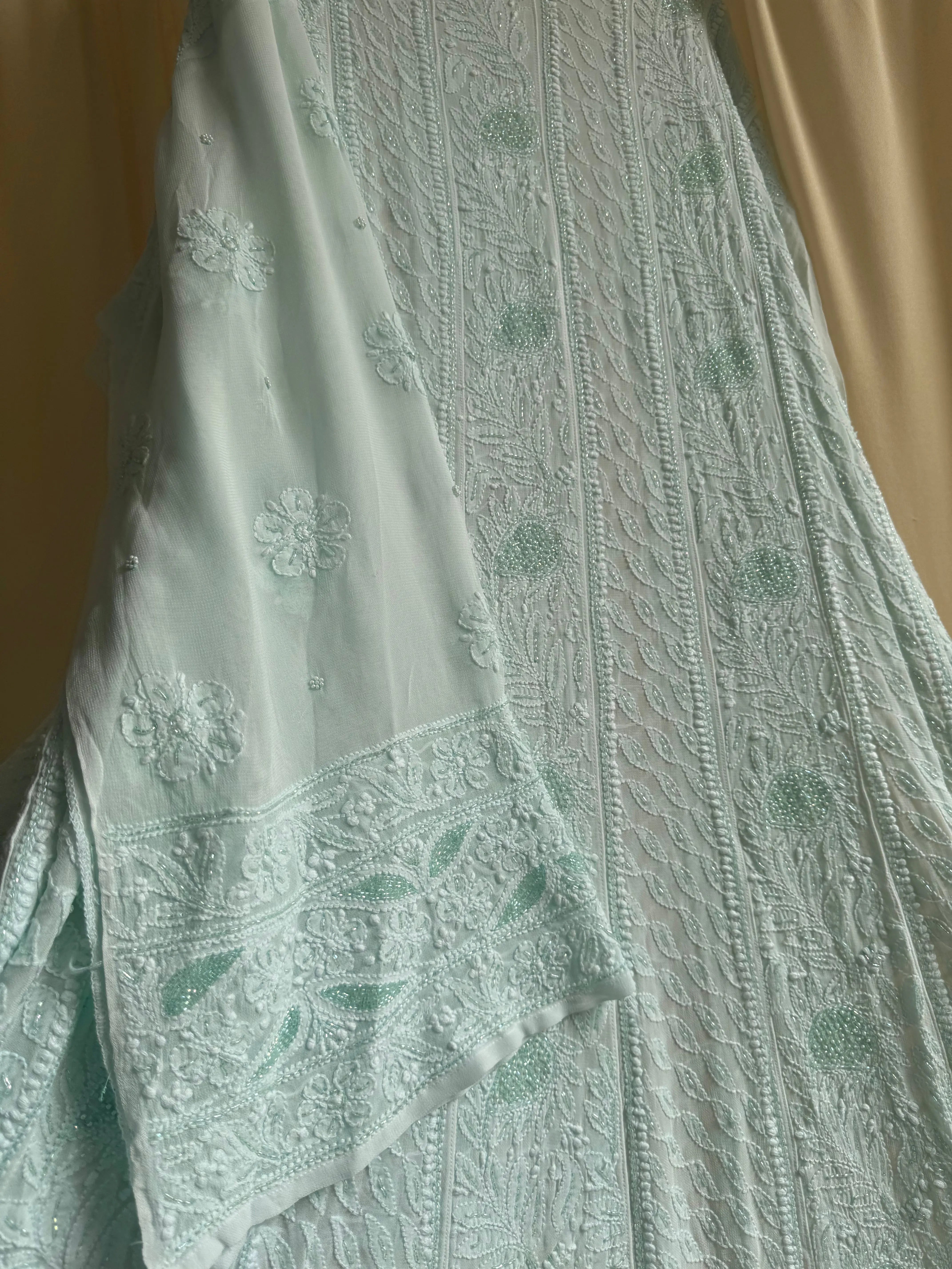 Viscose Anarkali - Semi Stitched - Pearl Work - Cyan Green ARIAA CHIKANKARI 