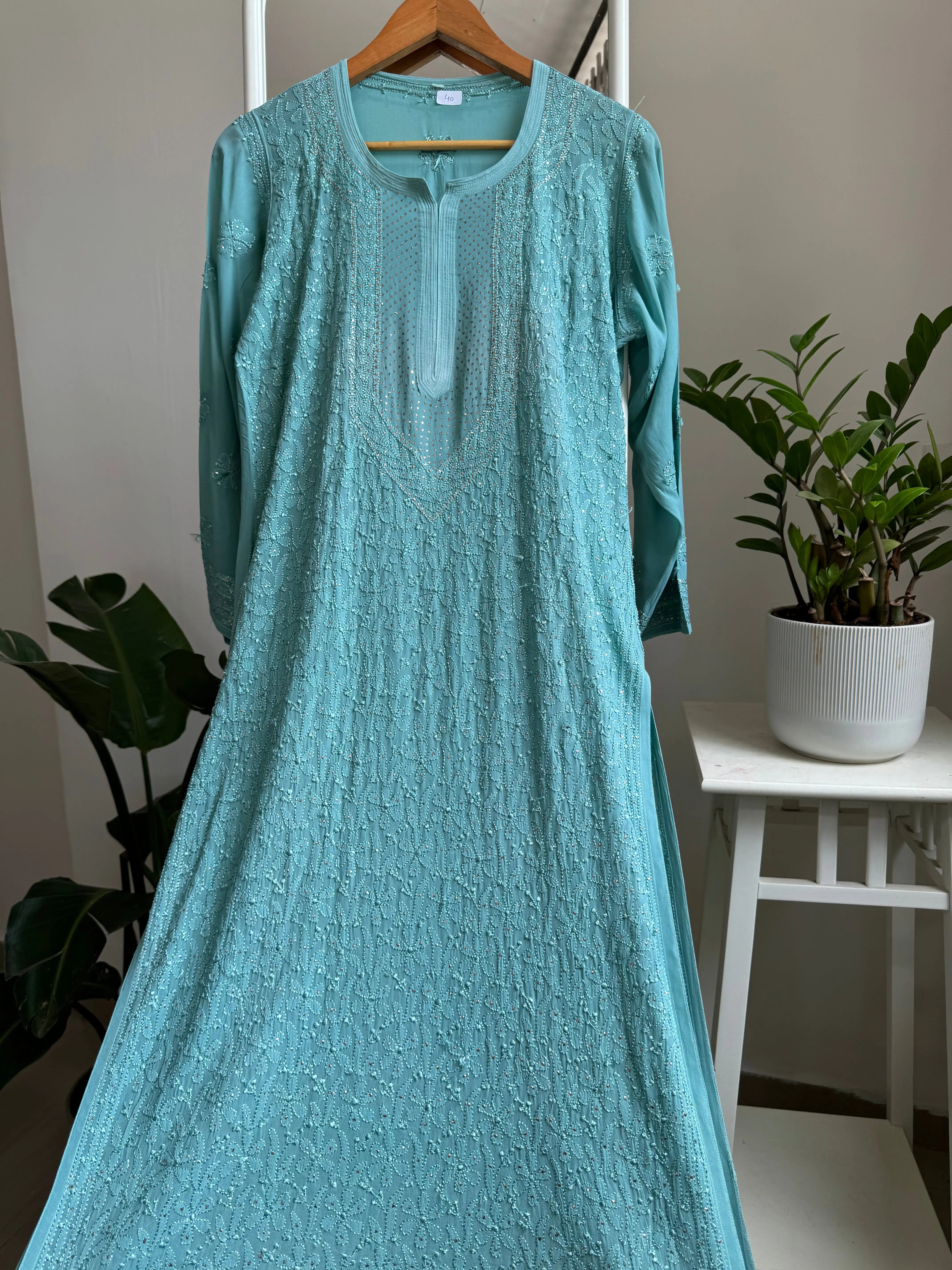 Viscose Kurti with Mukaish Work - Turquoise Blue ARIAA CHIKANKARI 