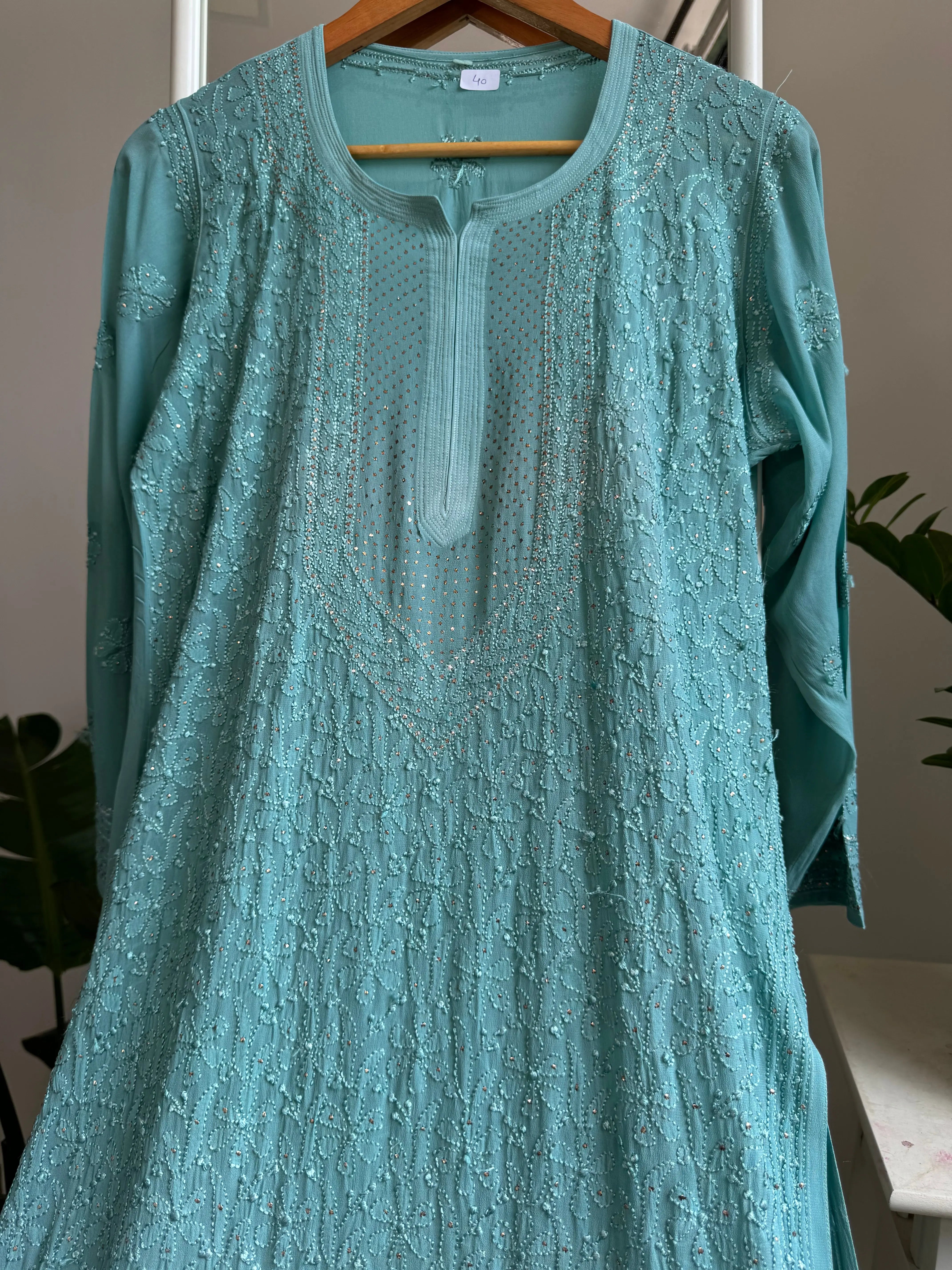 Viscose Kurti with Mukaish Work - Turquoise Blue ARIAA CHIKANKARI 