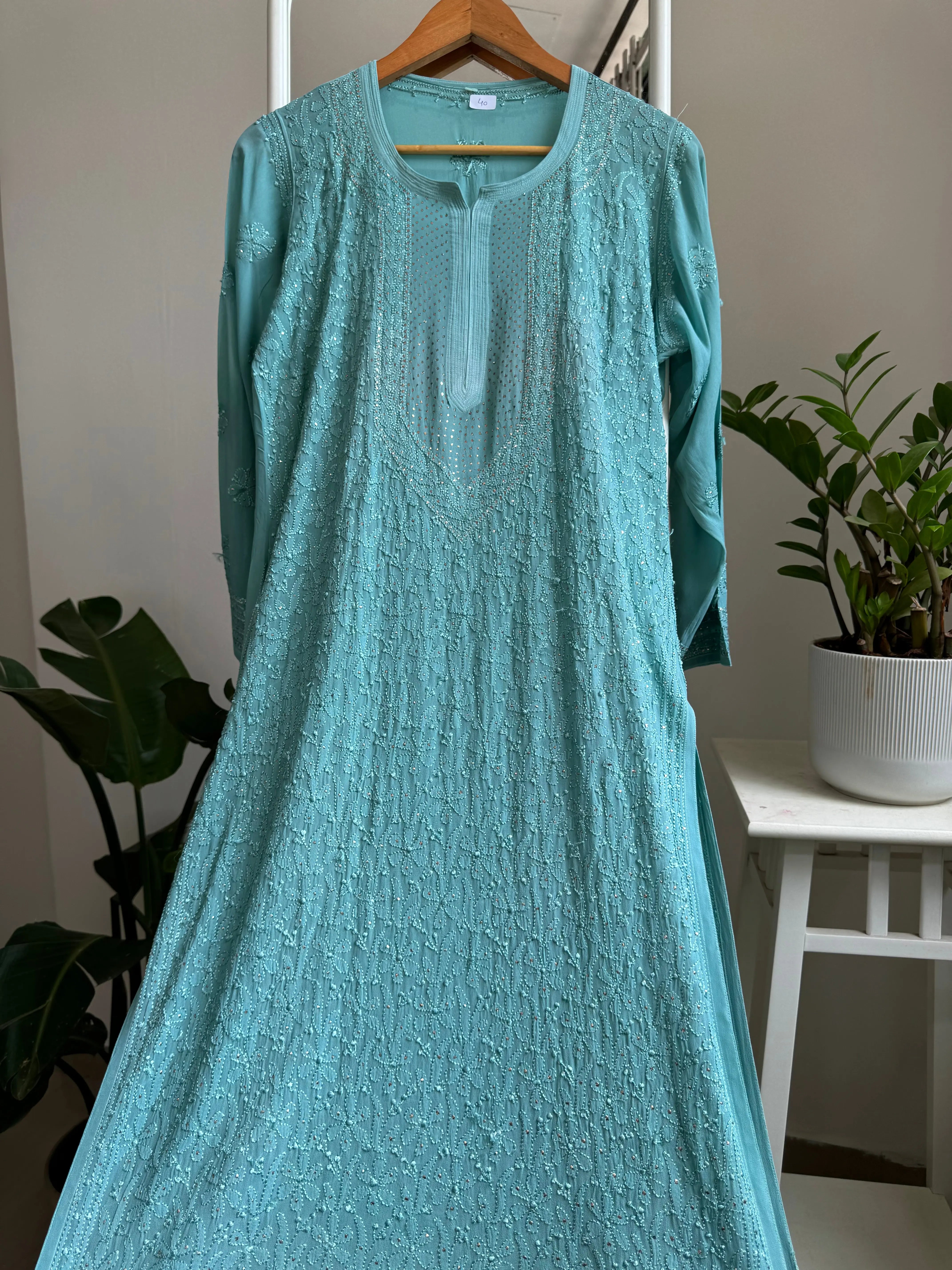 Viscose Kurti with Mukaish Work - Turquoise Blue ARIAA CHIKANKARI 