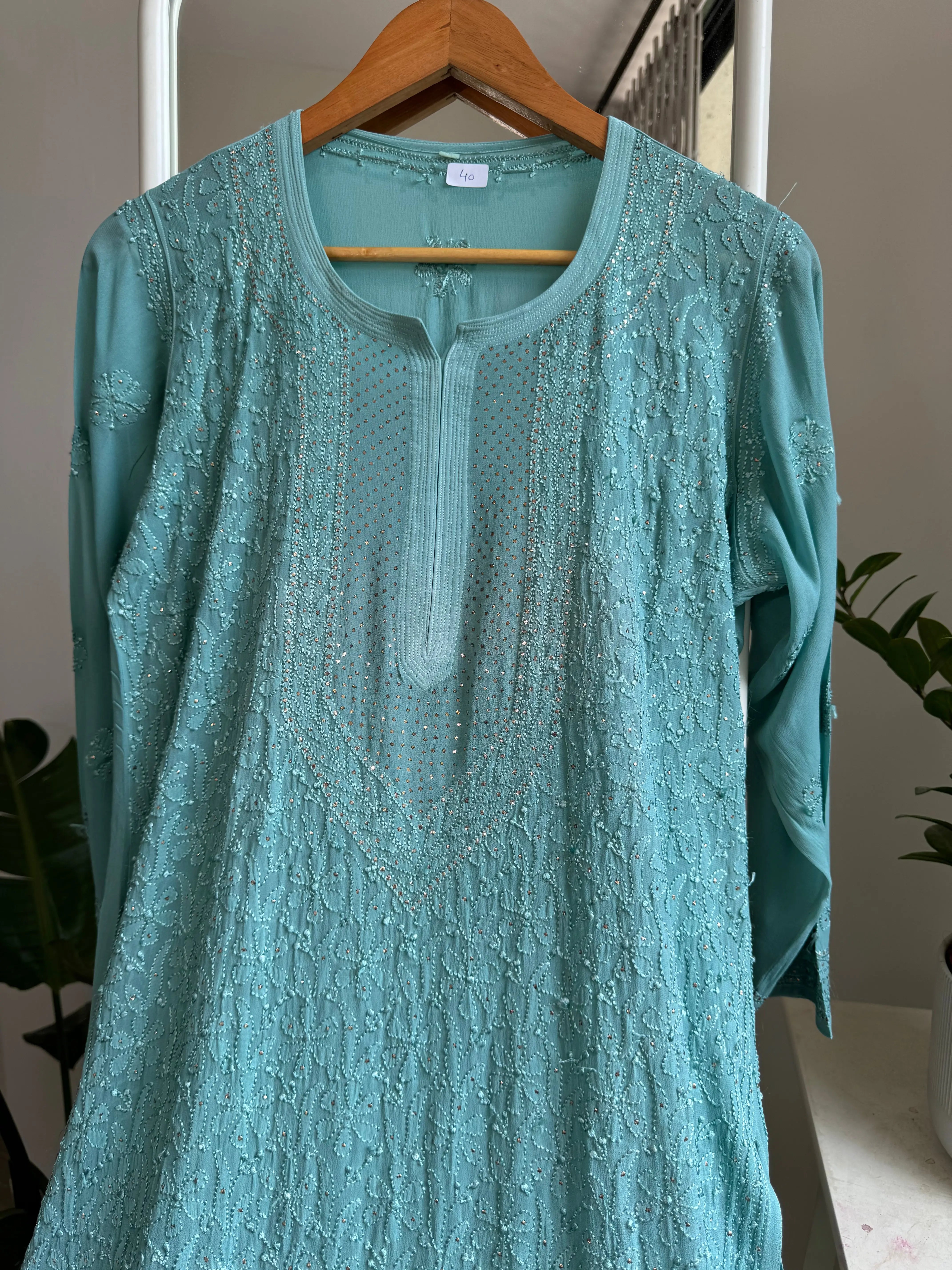 Viscose Kurti with Mukaish Work - Turquoise Blue ARIAA CHIKANKARI 