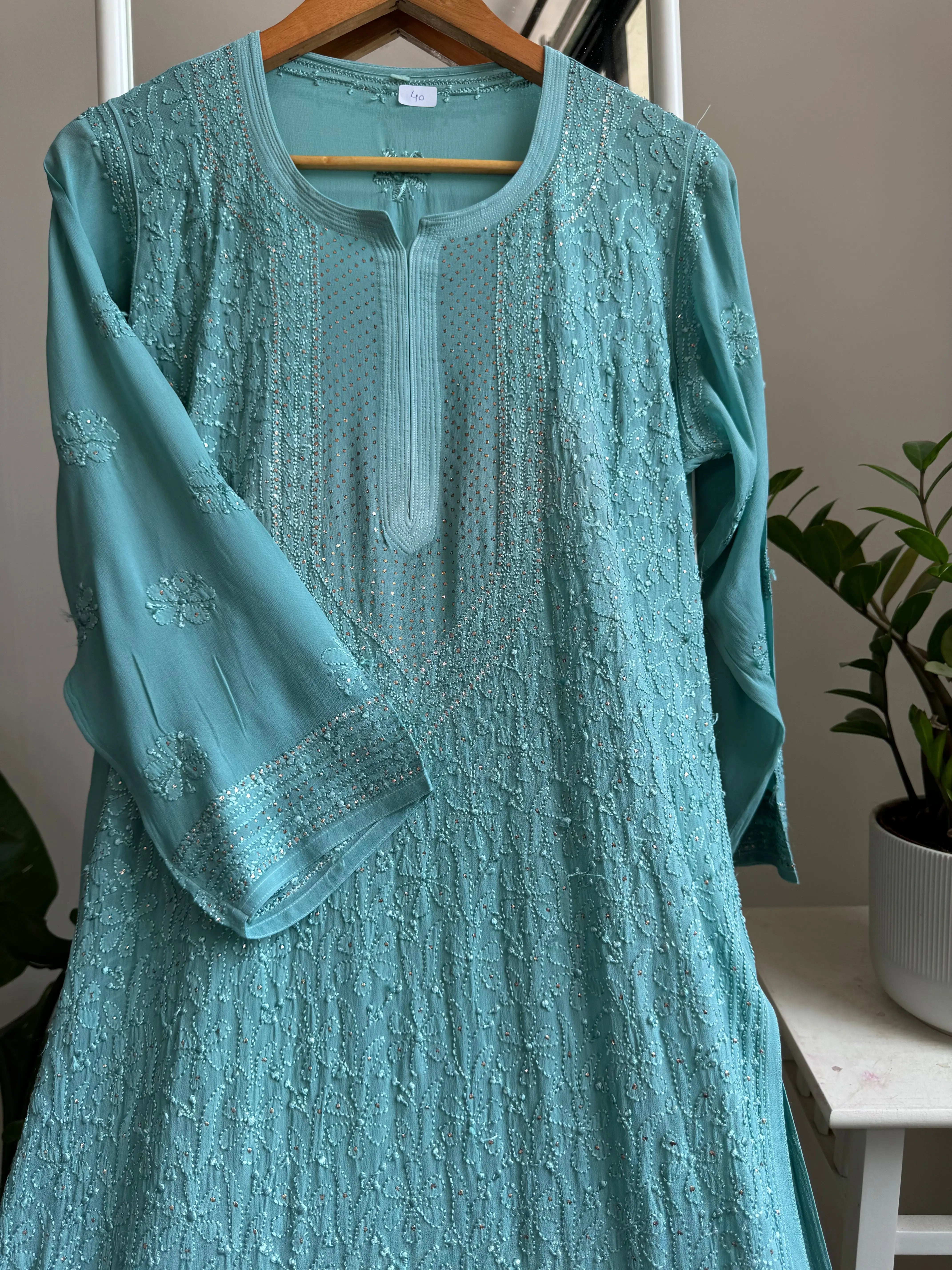 Viscose Kurti with Mukaish Work - Turquoise Blue ARIAA CHIKANKARI 