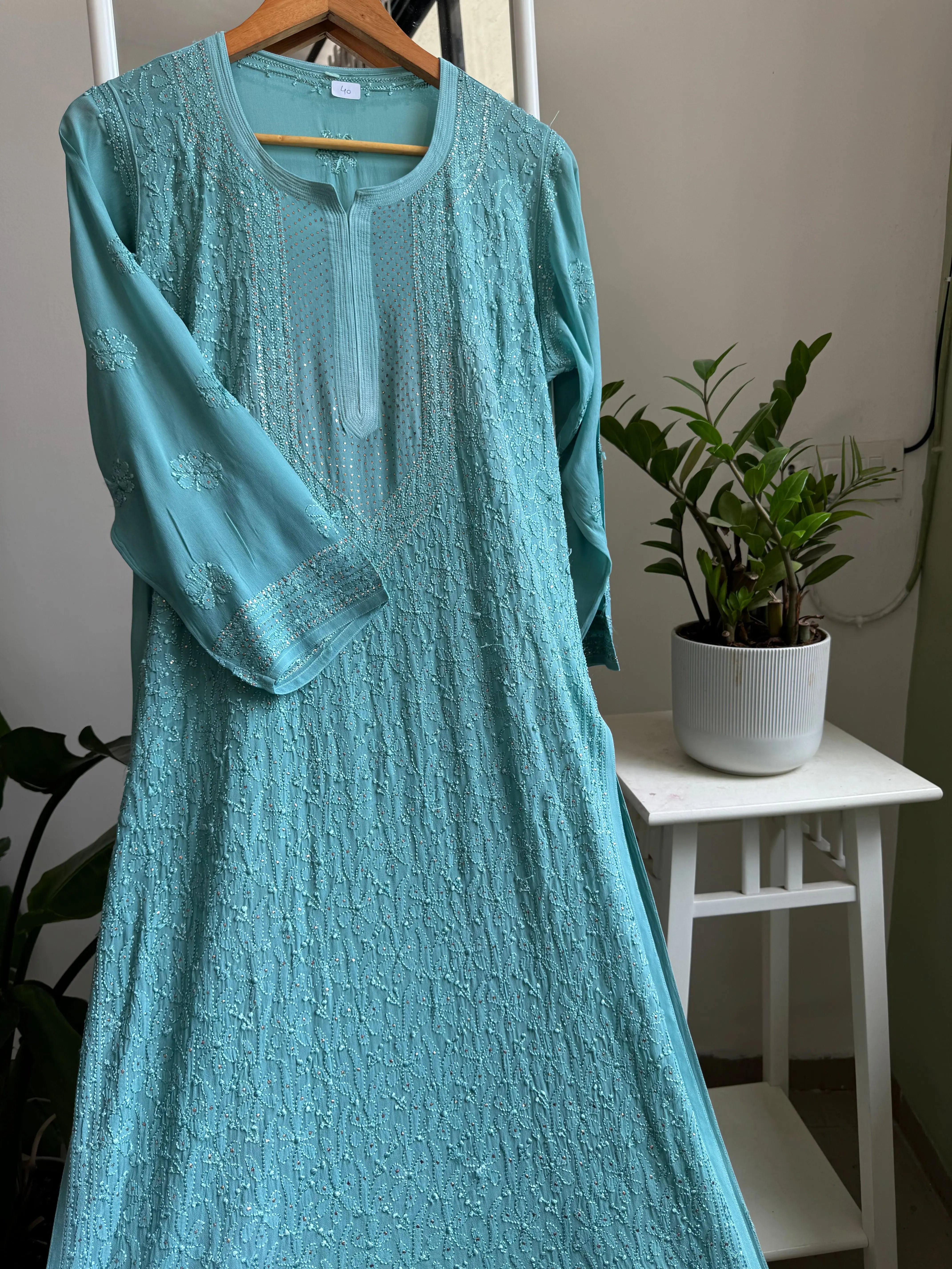 Viscose Kurti with Mukaish Work - Turquoise Blue ARIAA CHIKANKARI 