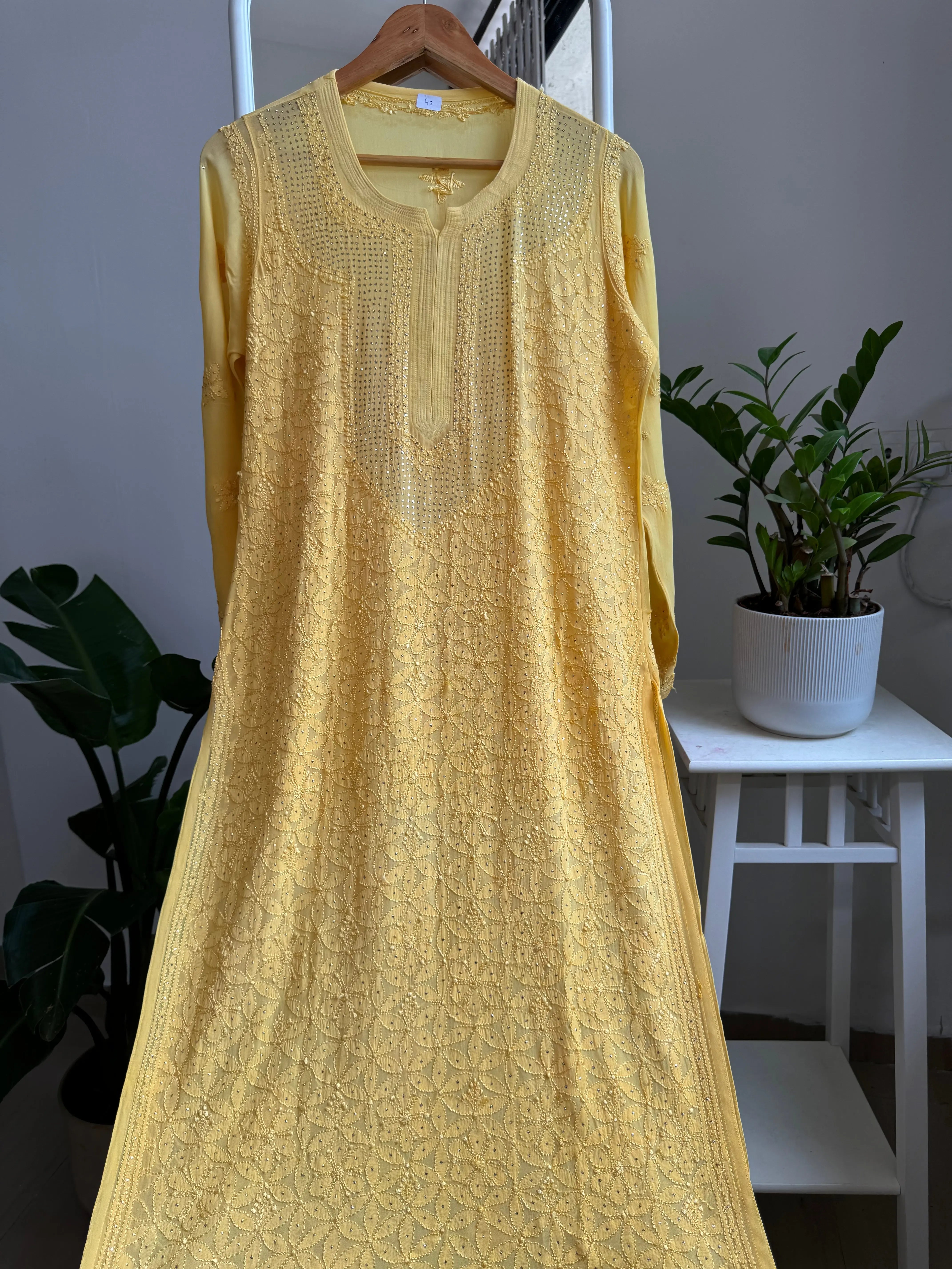 Viscose Kurti with Mukaish Work - Yellow ARIAA CHIKANKARI 