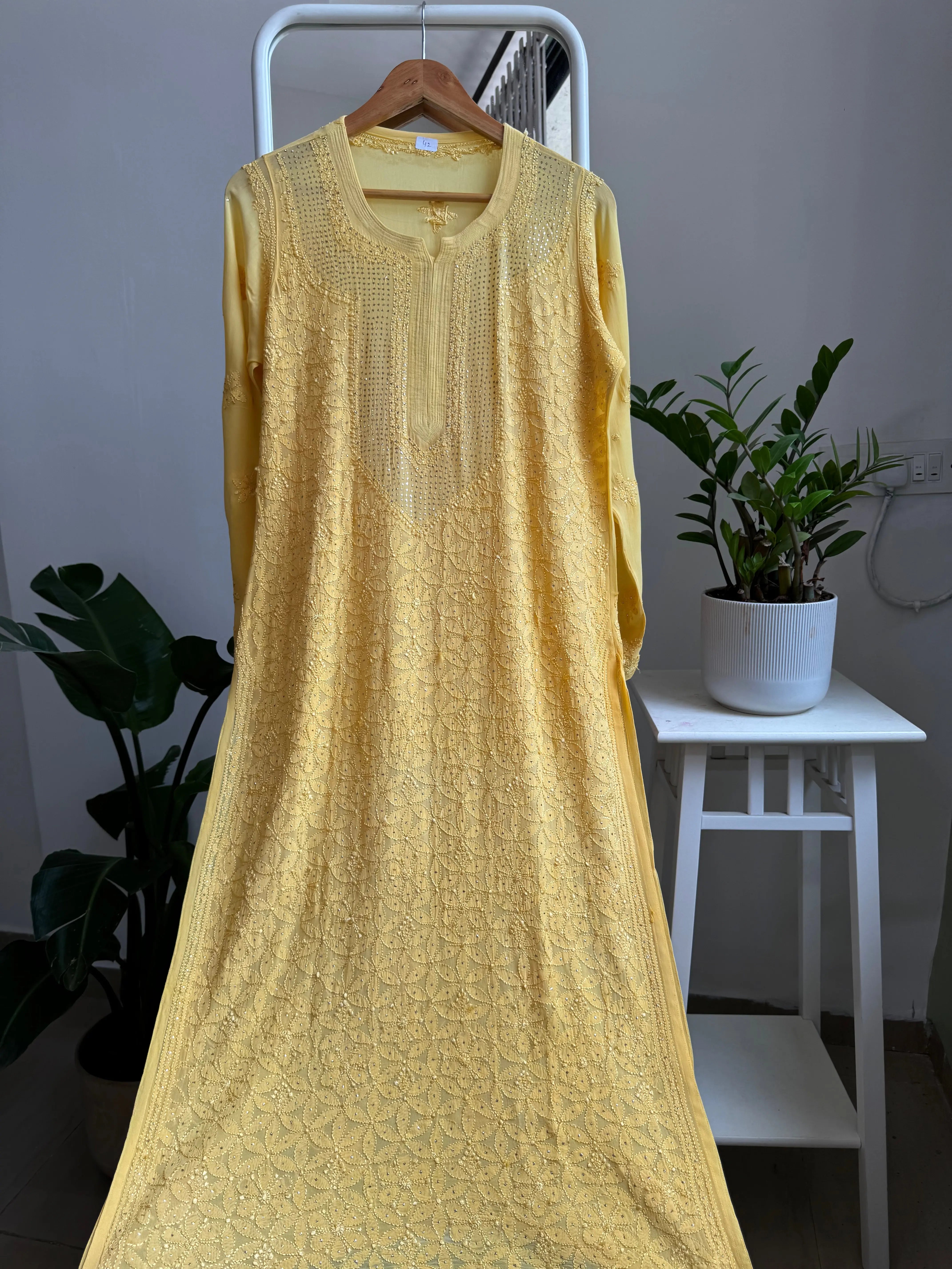 Viscose Kurti with Mukaish Work - Yellow ARIAA CHIKANKARI 