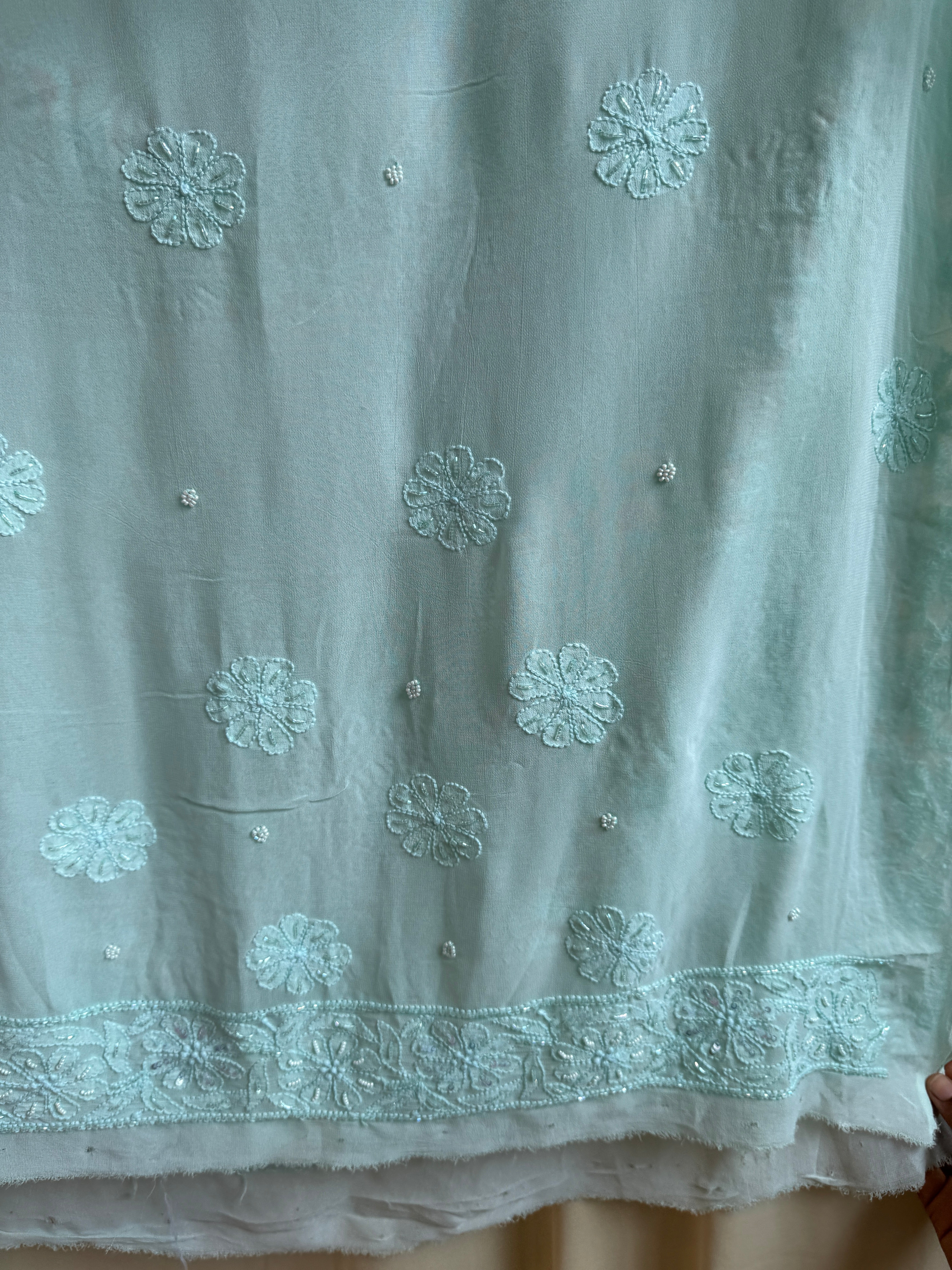Viscose Green Chikankari saree with Pearl embellishments