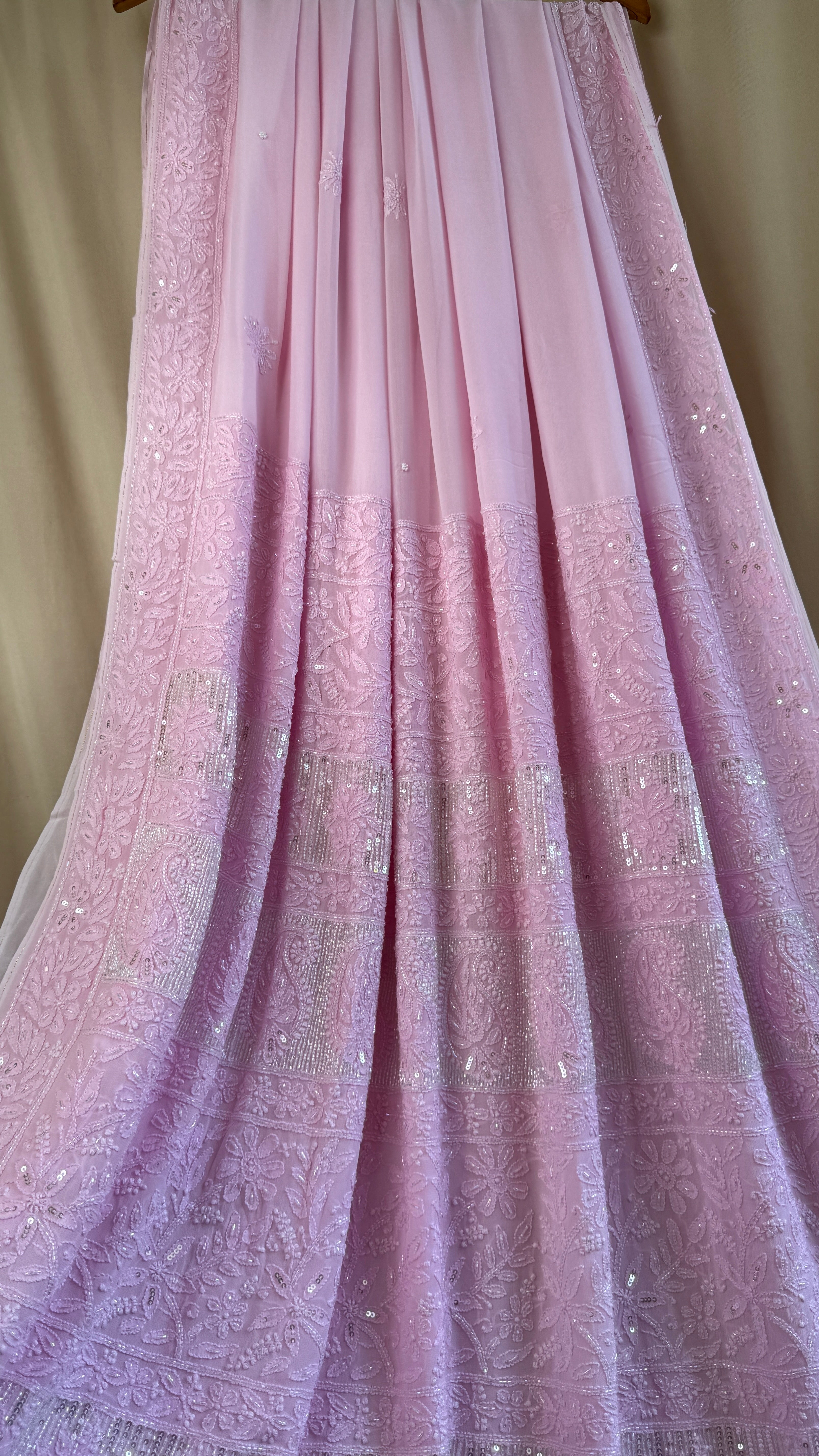 Viscose Chikankari saree with Pearl embellishments - Pink