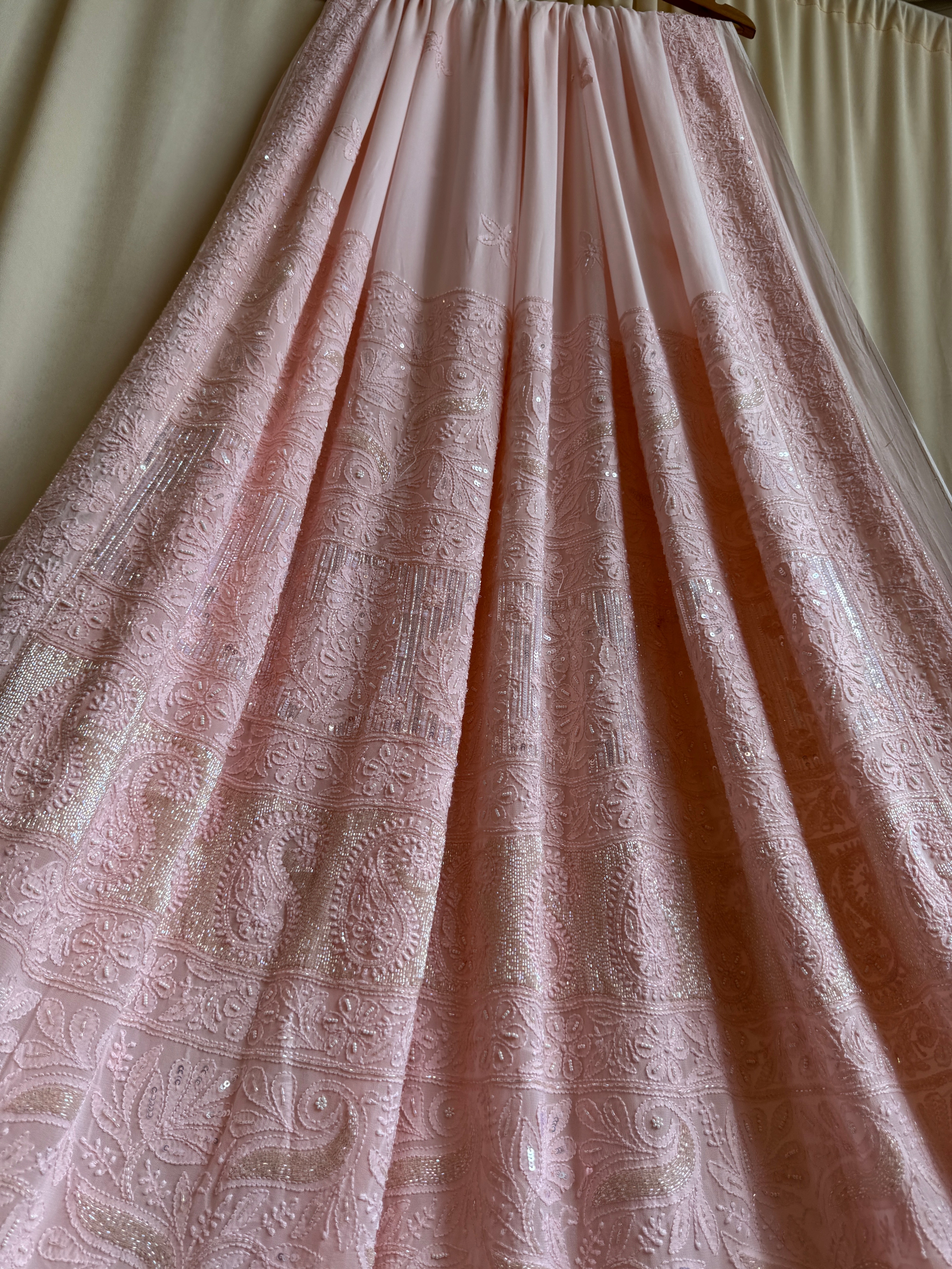Viscose Peach Chikankari saree with Pearl embellishments