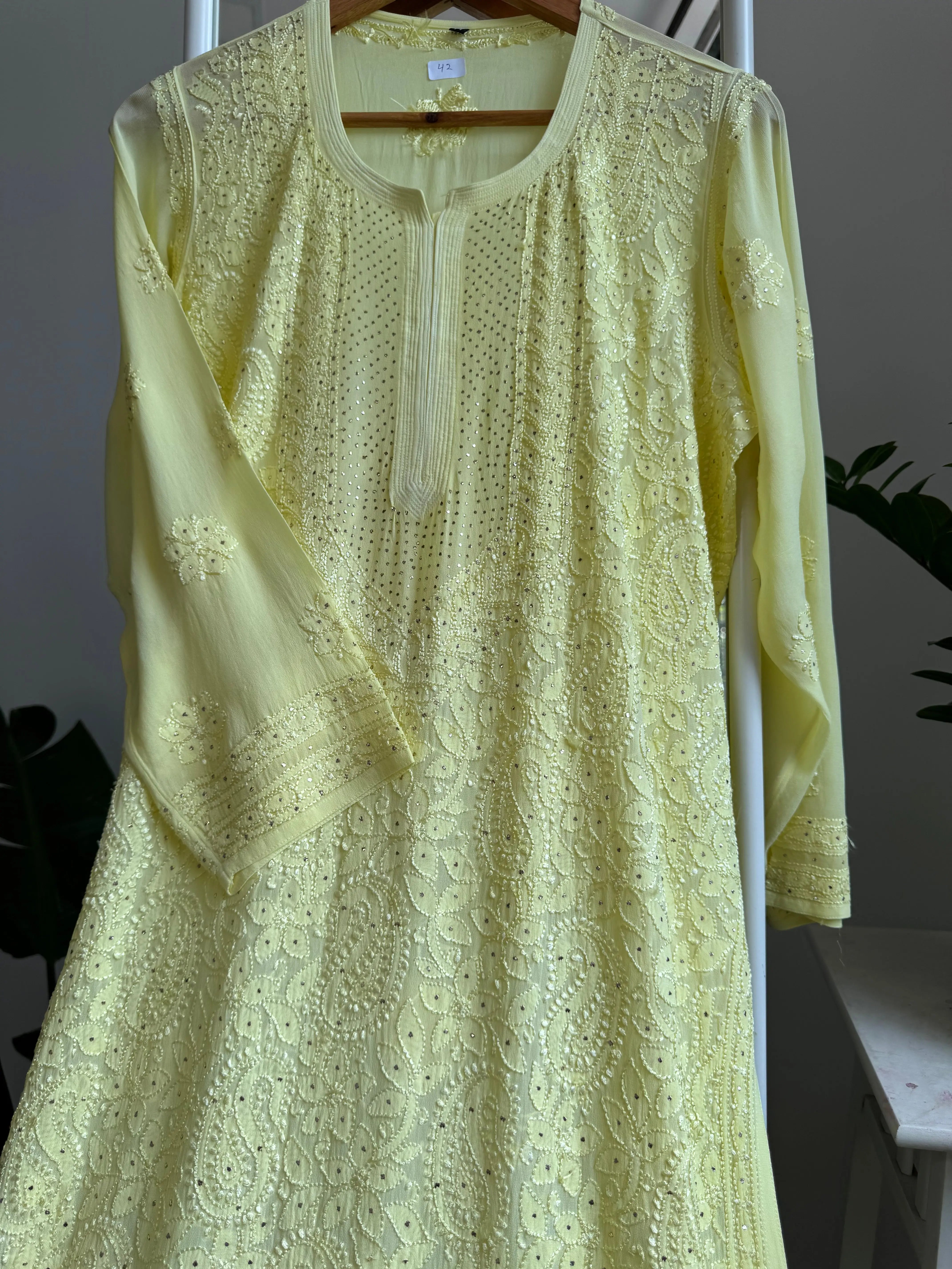 Viscose Kurti with Mukaish Work - Lemon Yellow ARIAA CHIKANKARI 