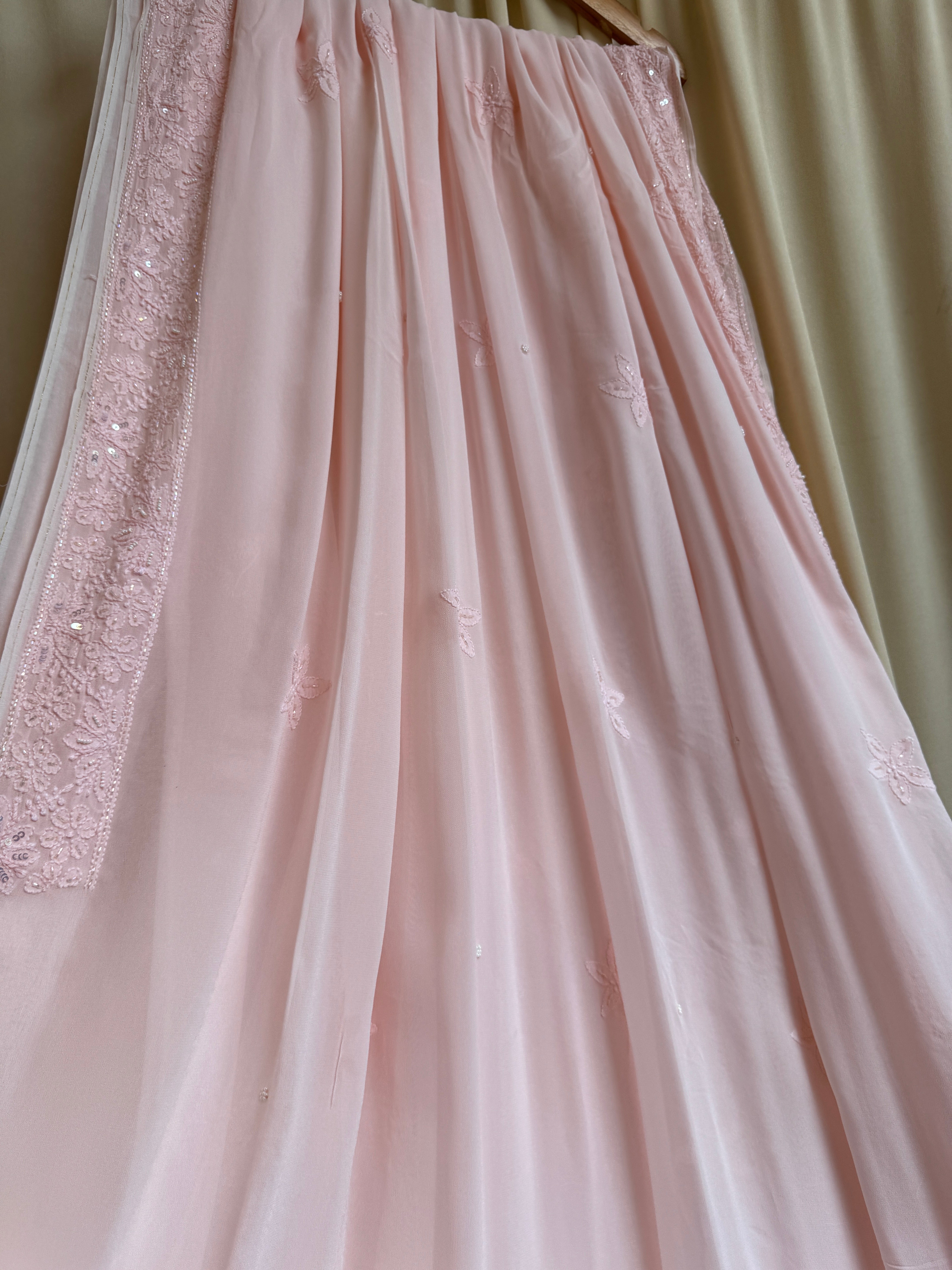 Viscose Peach Chikankari saree with Pearl embellishments