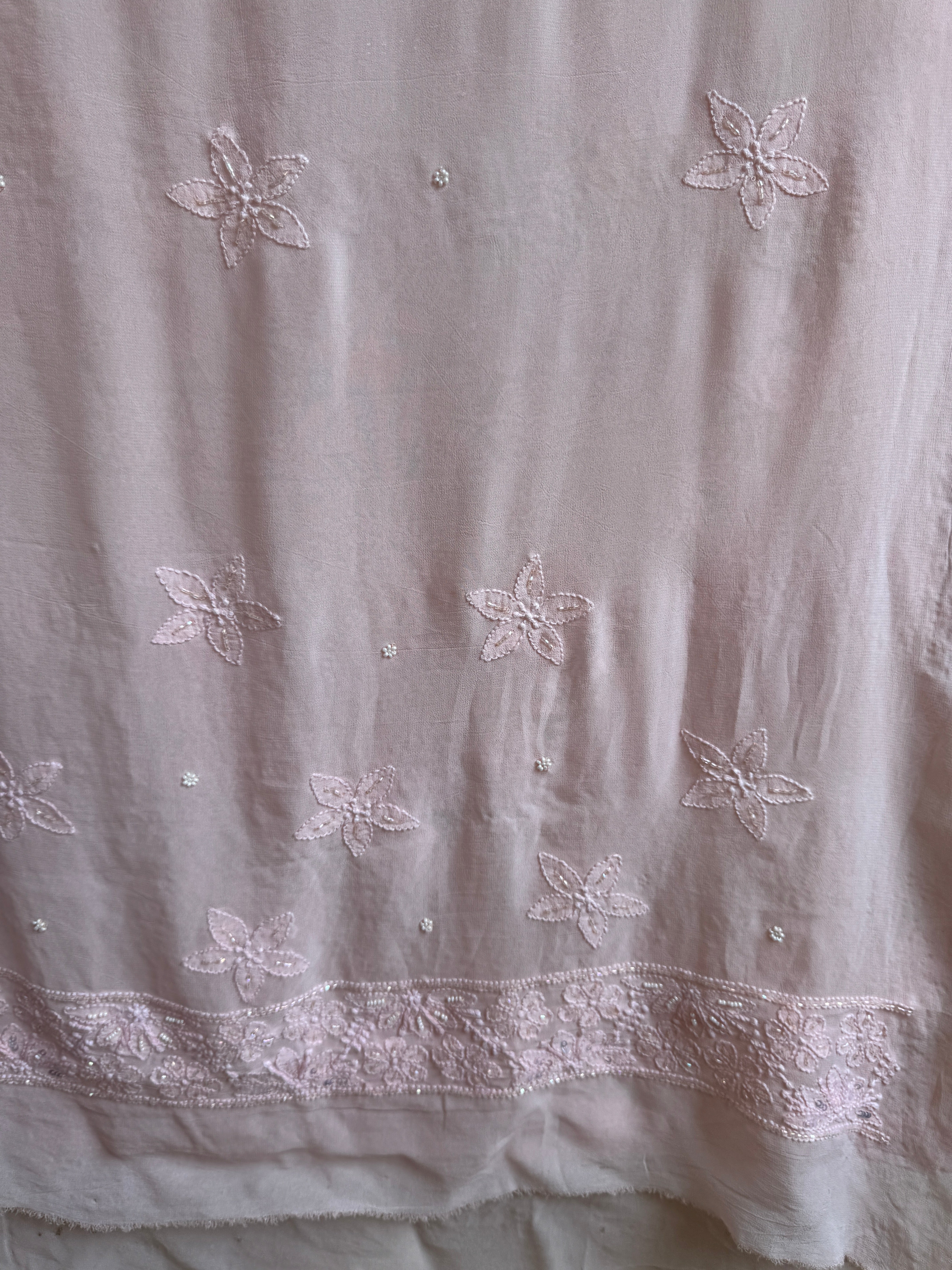 Viscose Peach Chikankari saree with Pearl embellishments