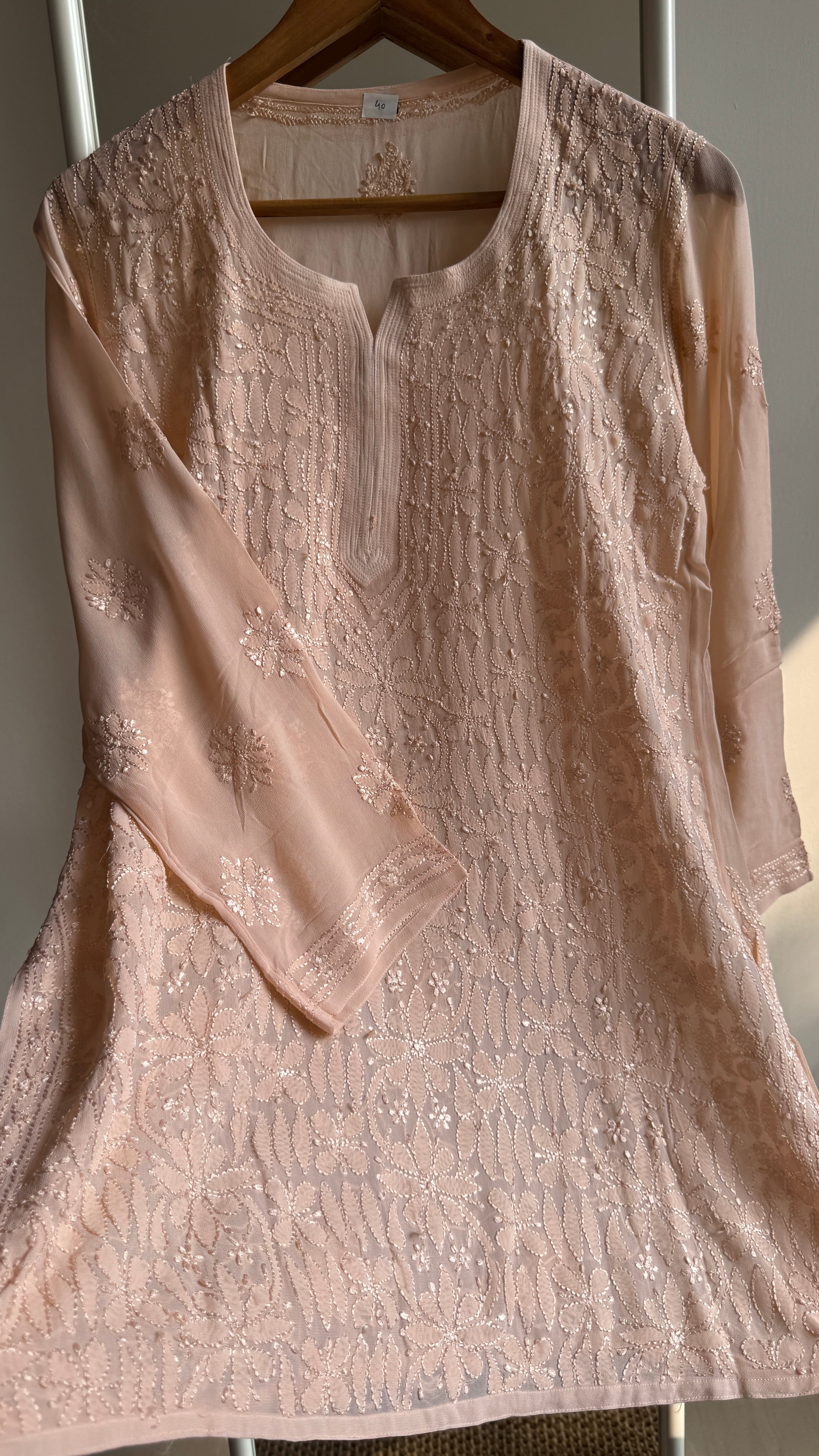 Chikankari Viscose Georgette short Top in Peach