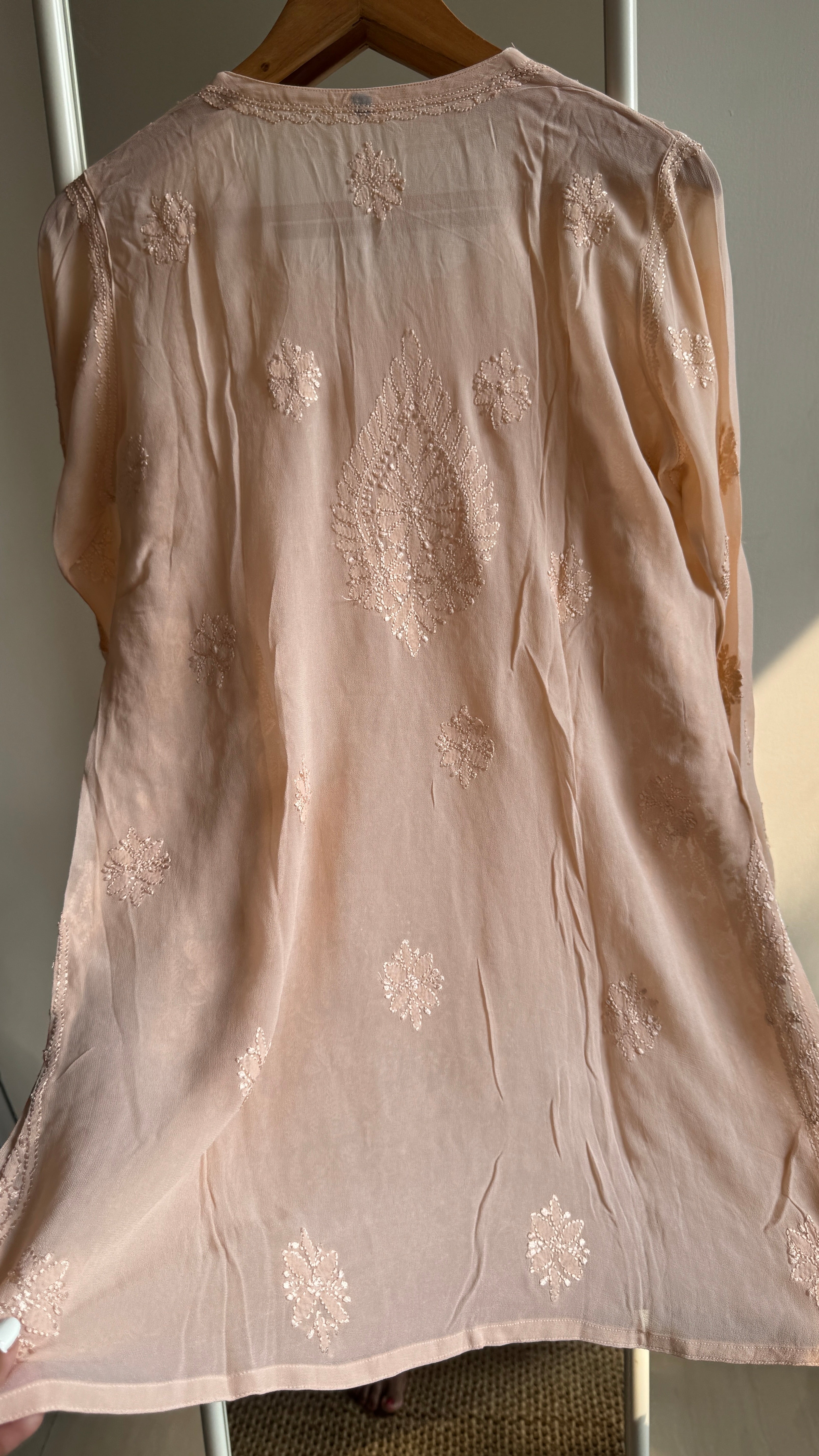Chikankari Viscose Georgette short Top in Peach