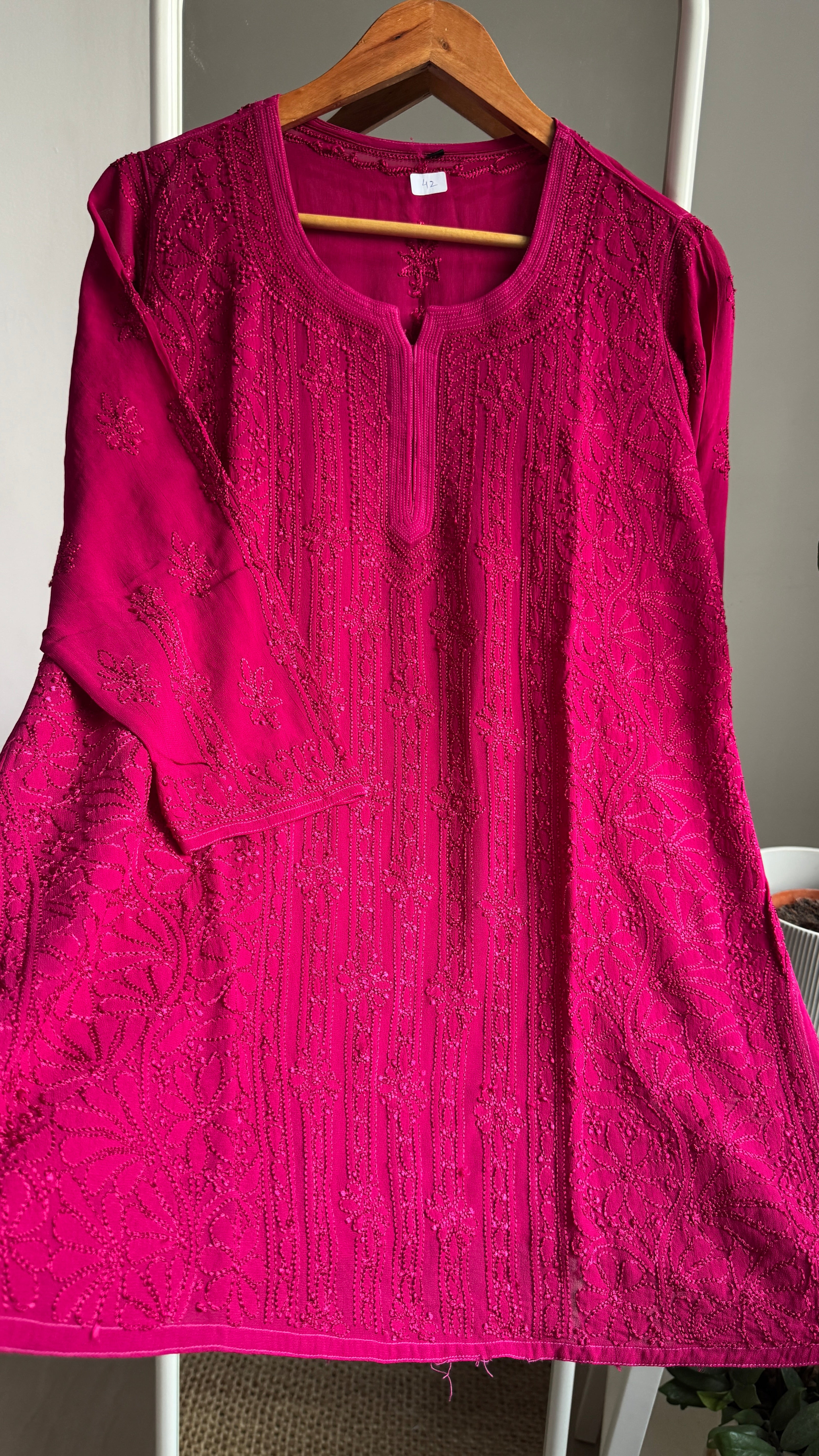 Chikankari Viscose Georgette short Top in Berry Pink