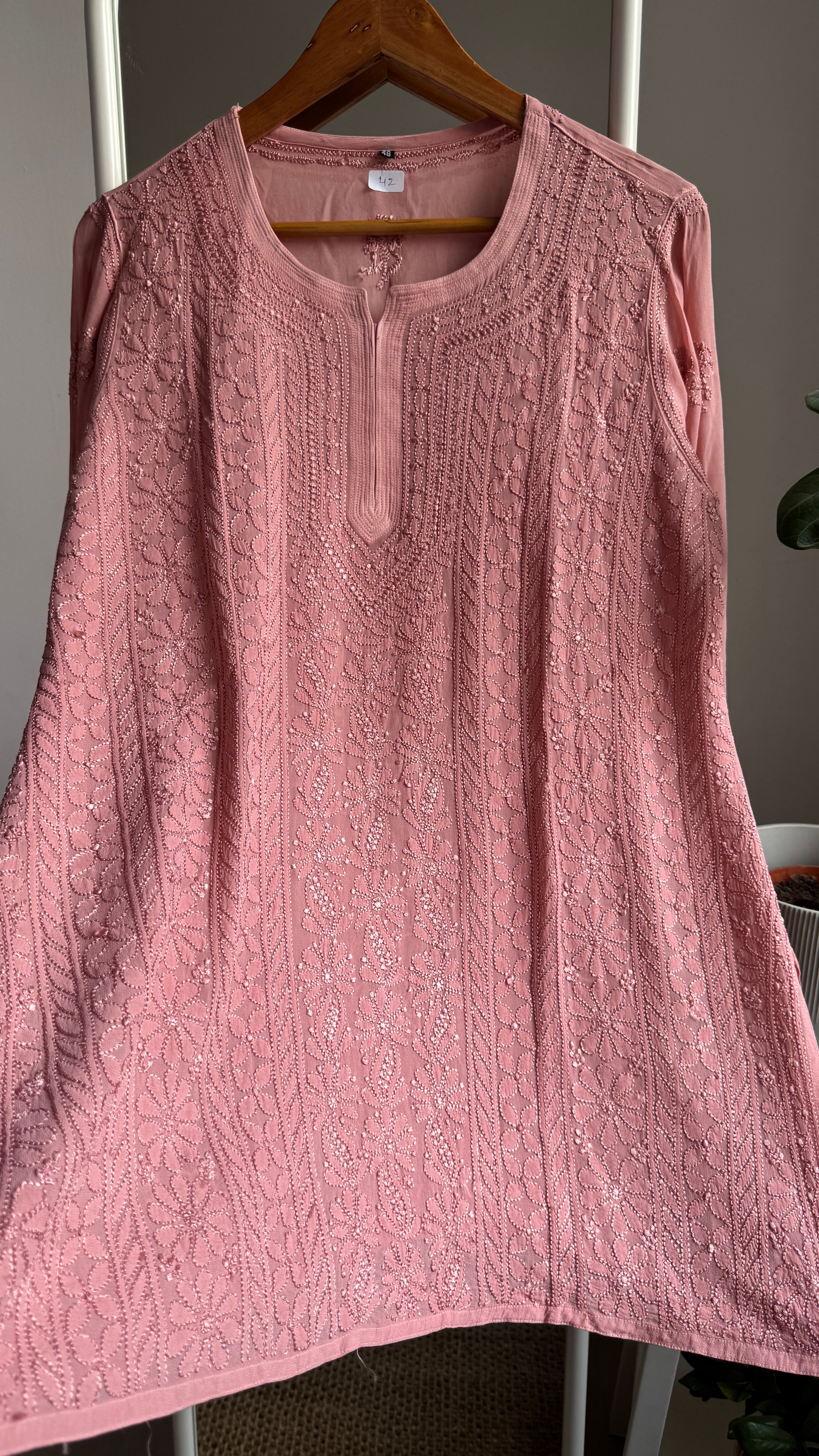 Chikankari Viscose Georgette short Top in Rosewood Pink