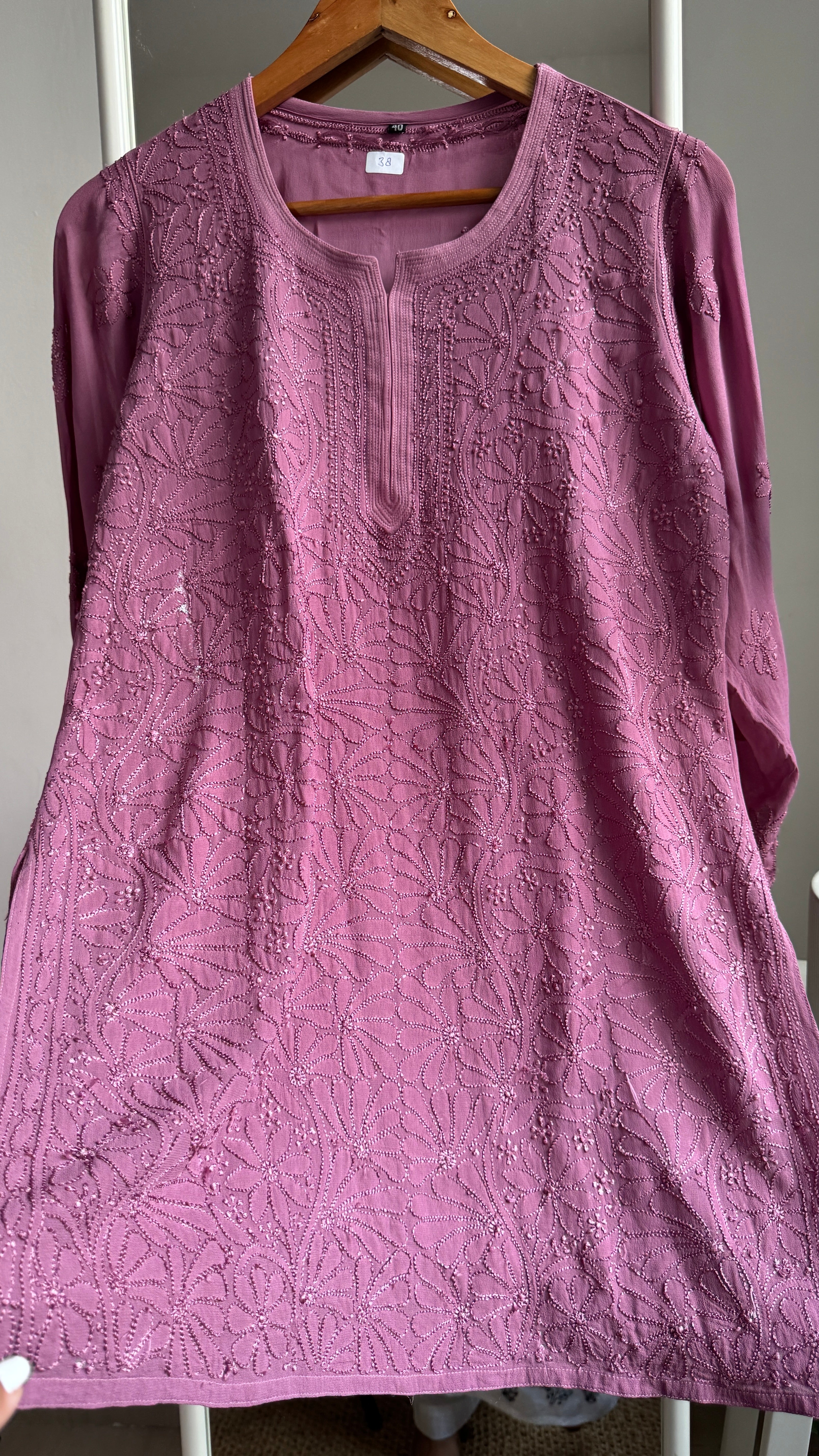 Chikankari Viscose Georgette short Top in Mauve-1