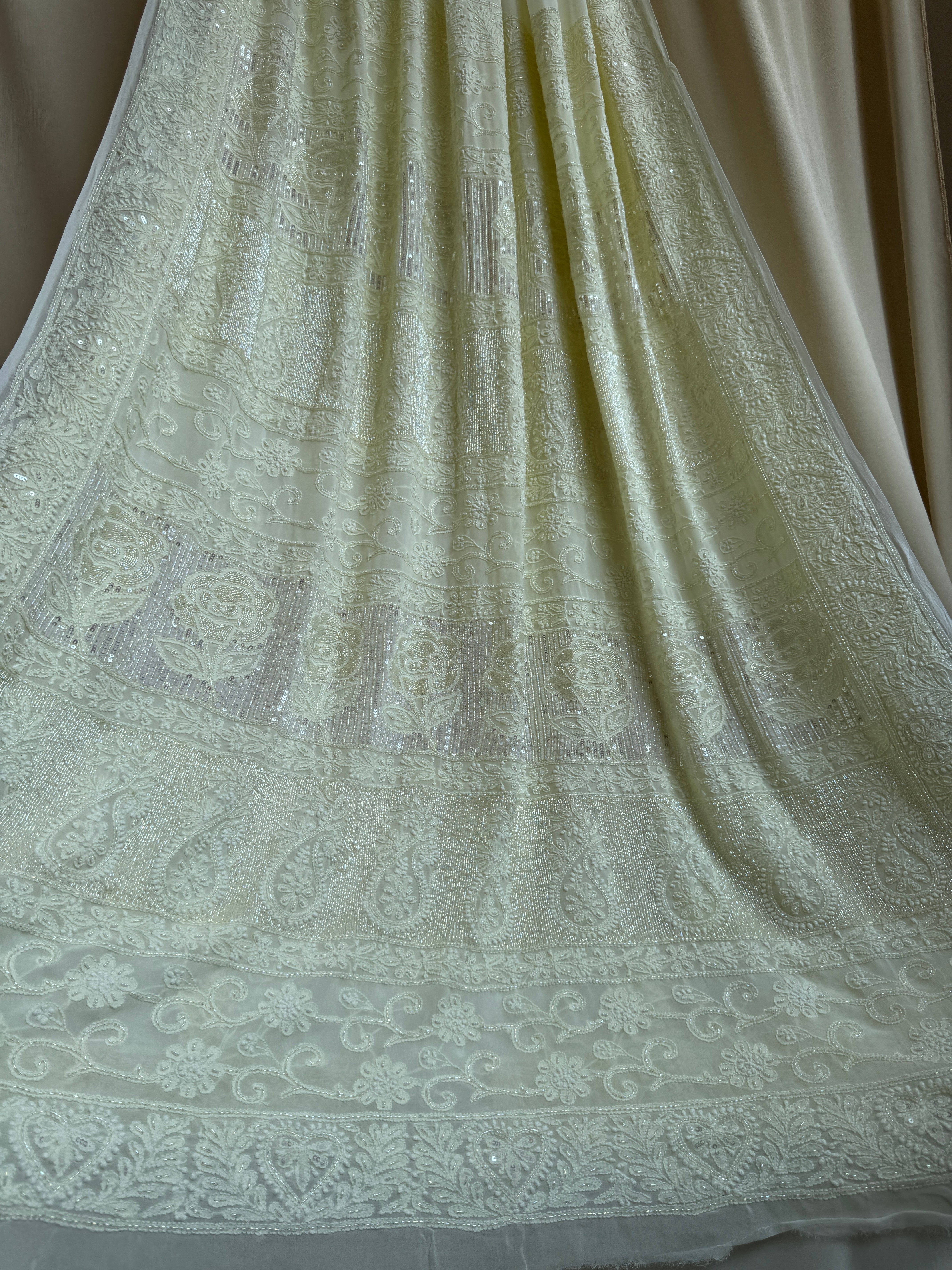 Viscose Cream Yellow Chikankari saree with Pearl embellishments