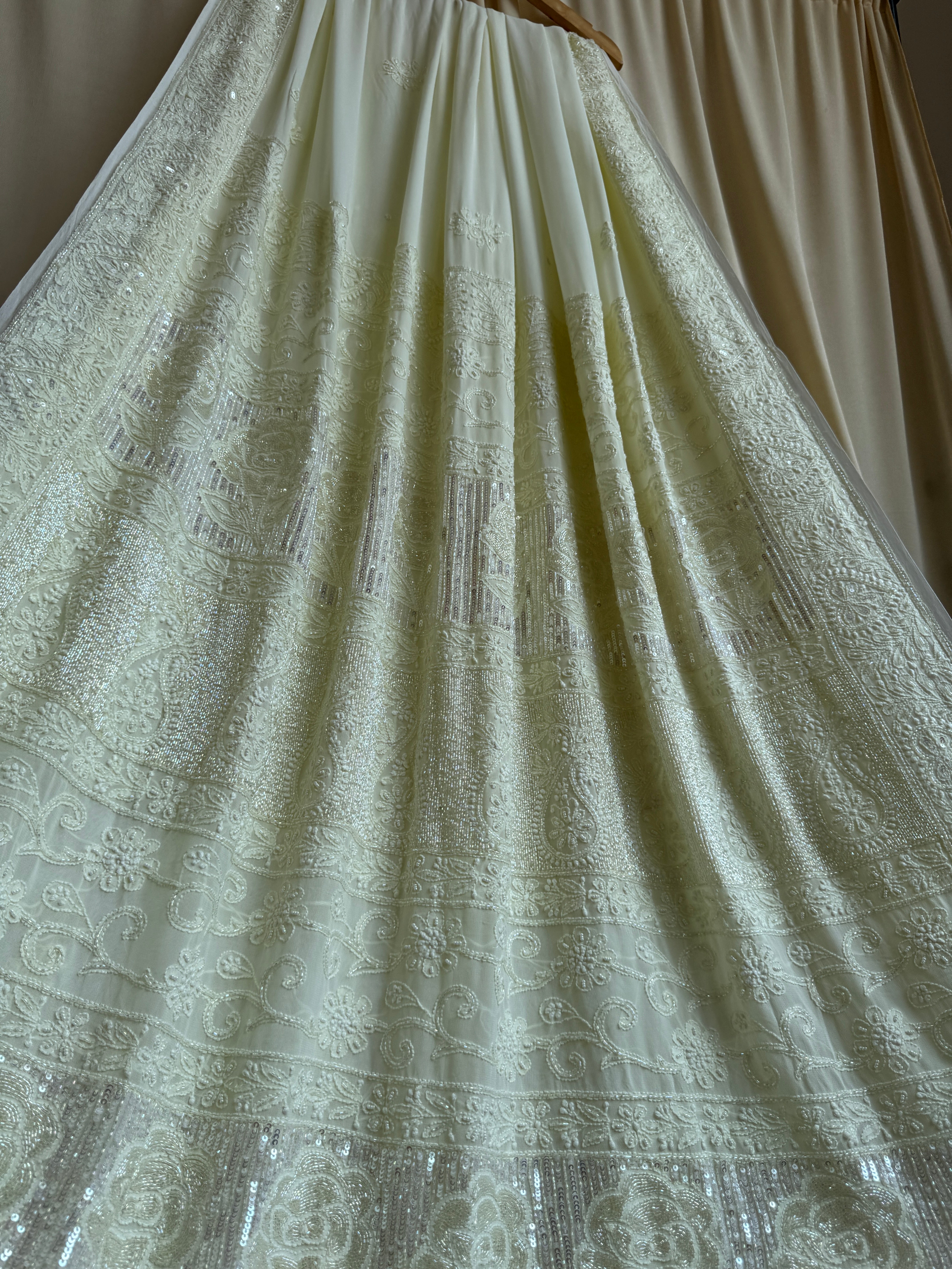 Viscose Cream Yellow Chikankari saree with Pearl embellishments