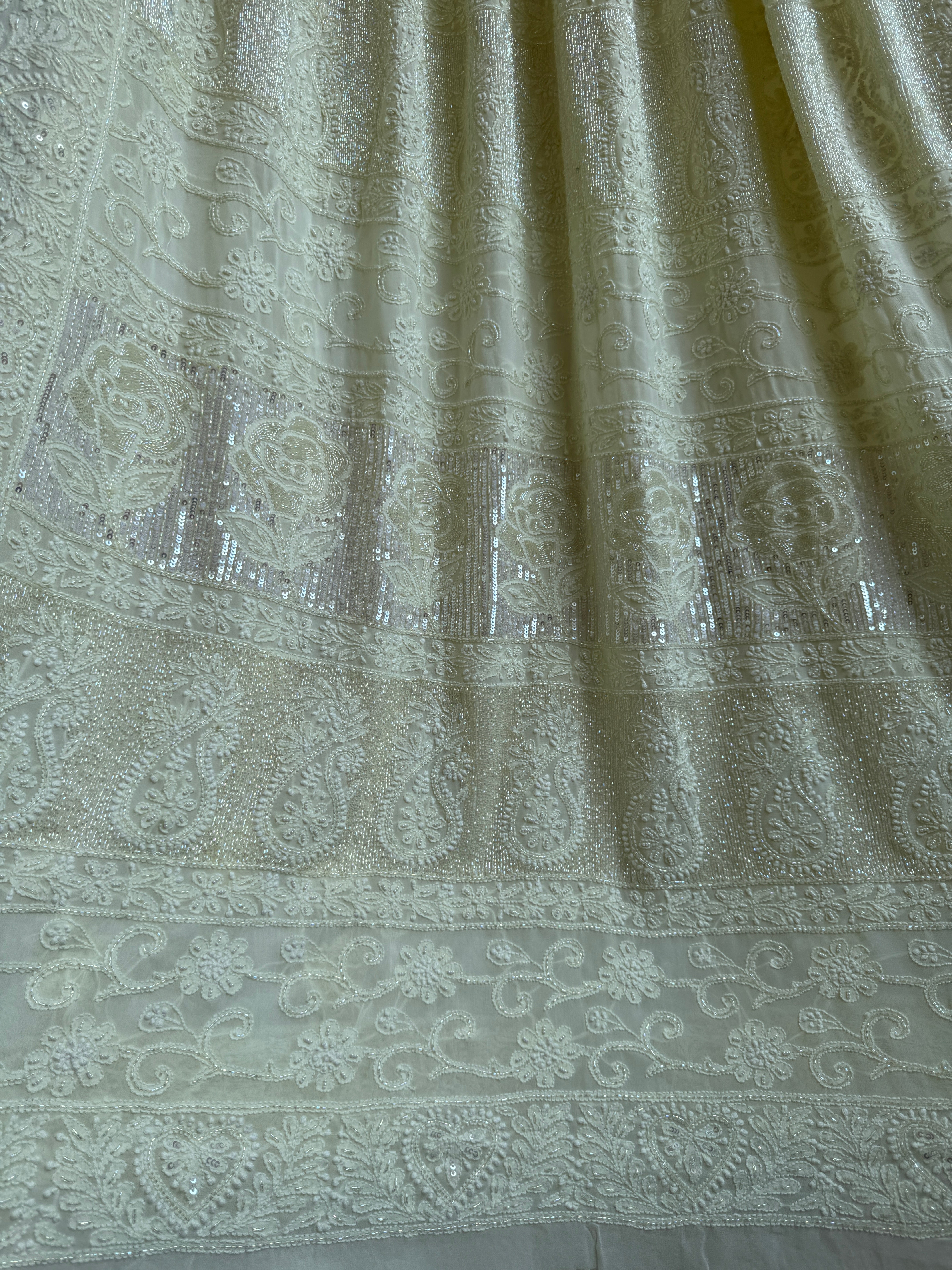 Viscose Cream Yellow Chikankari saree with Pearl embellishments