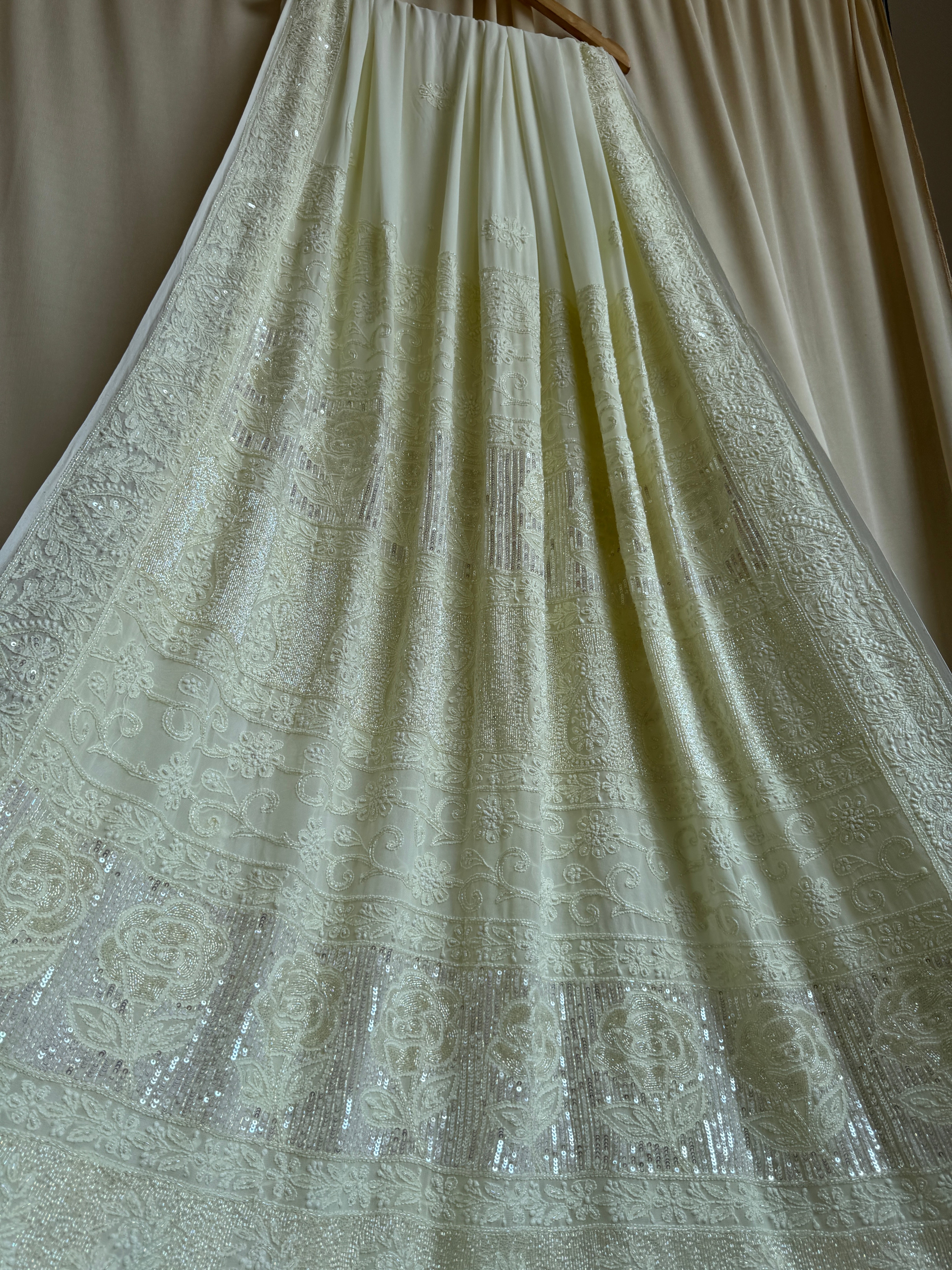 Viscose Cream Yellow Chikankari saree with Pearl embellishments